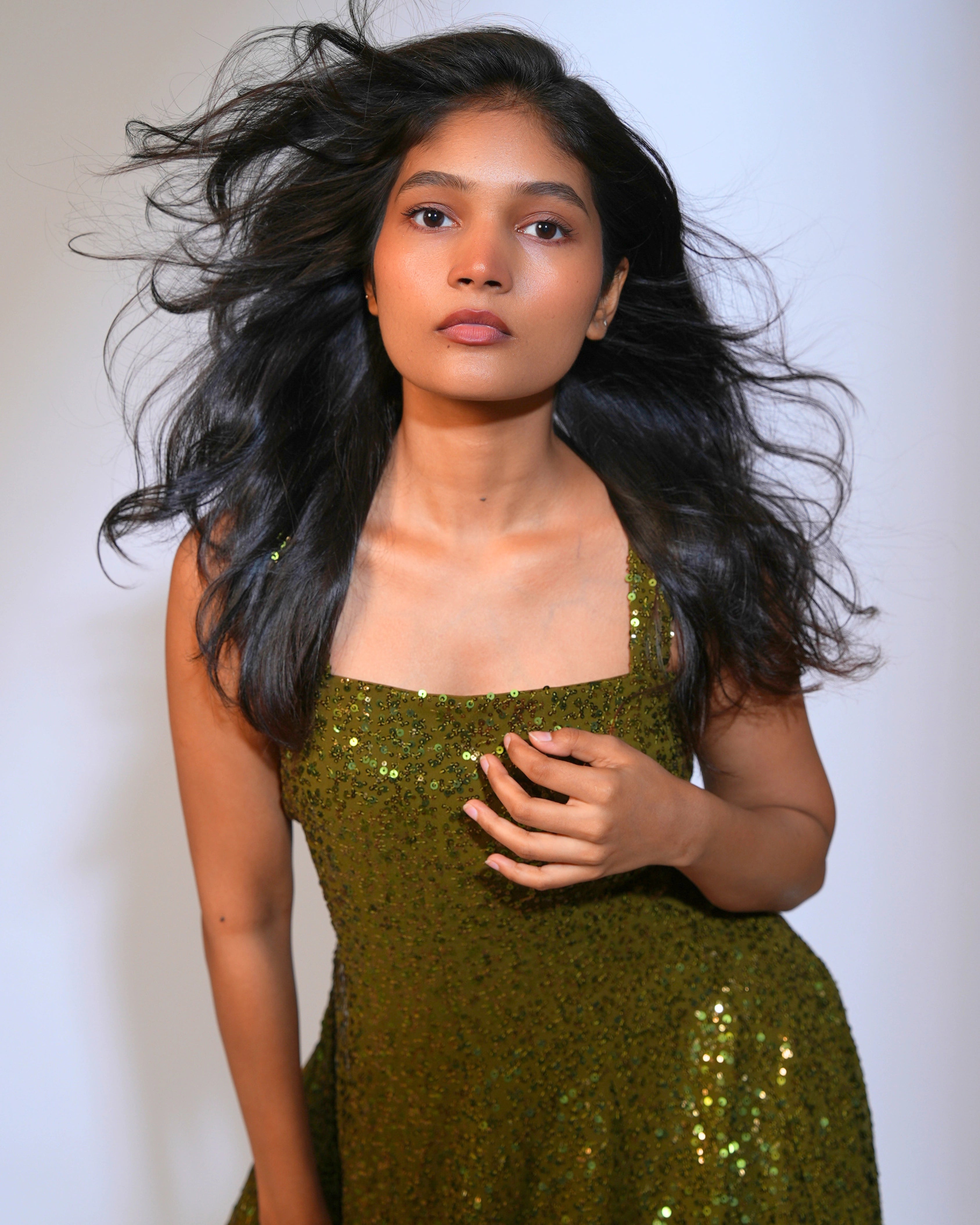 Olive Green Georgette Salwar Suit with All Over Sequin