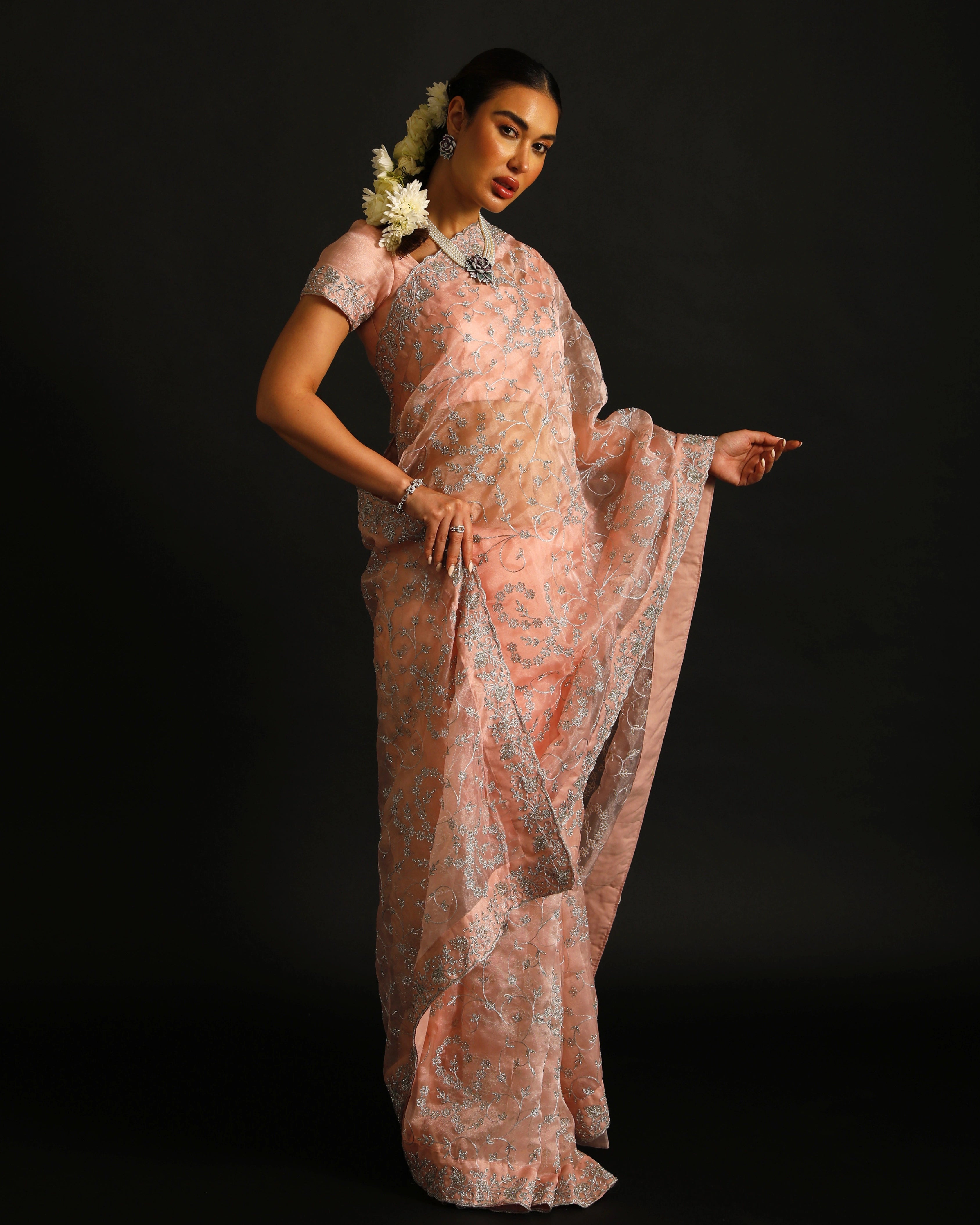 Blush Pink Organza Silk Saree with All-Over Hand Embroidered Silver Floral Jaal