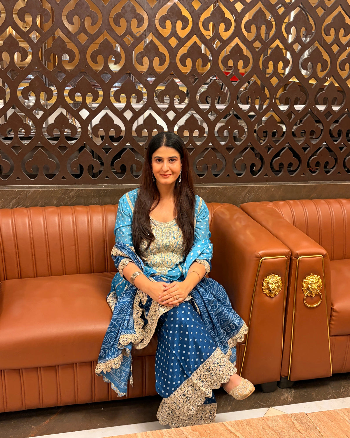 Blue Silk Salwar Kameez with Bandhani Print and Mirror Embroidery