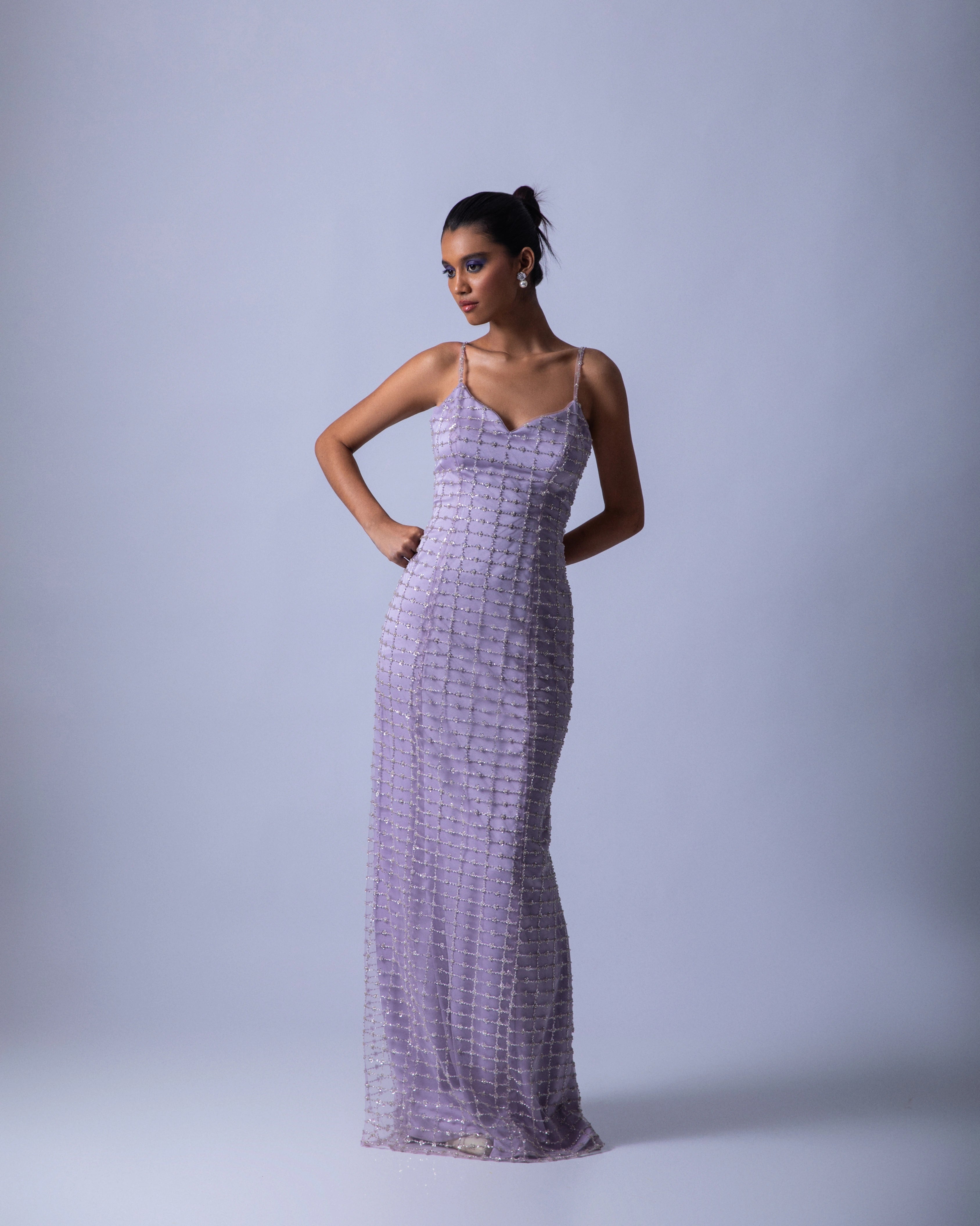 Lavender Silk Embellished Bodycon Dress with Grid Pattern Design and Hand Beadwork