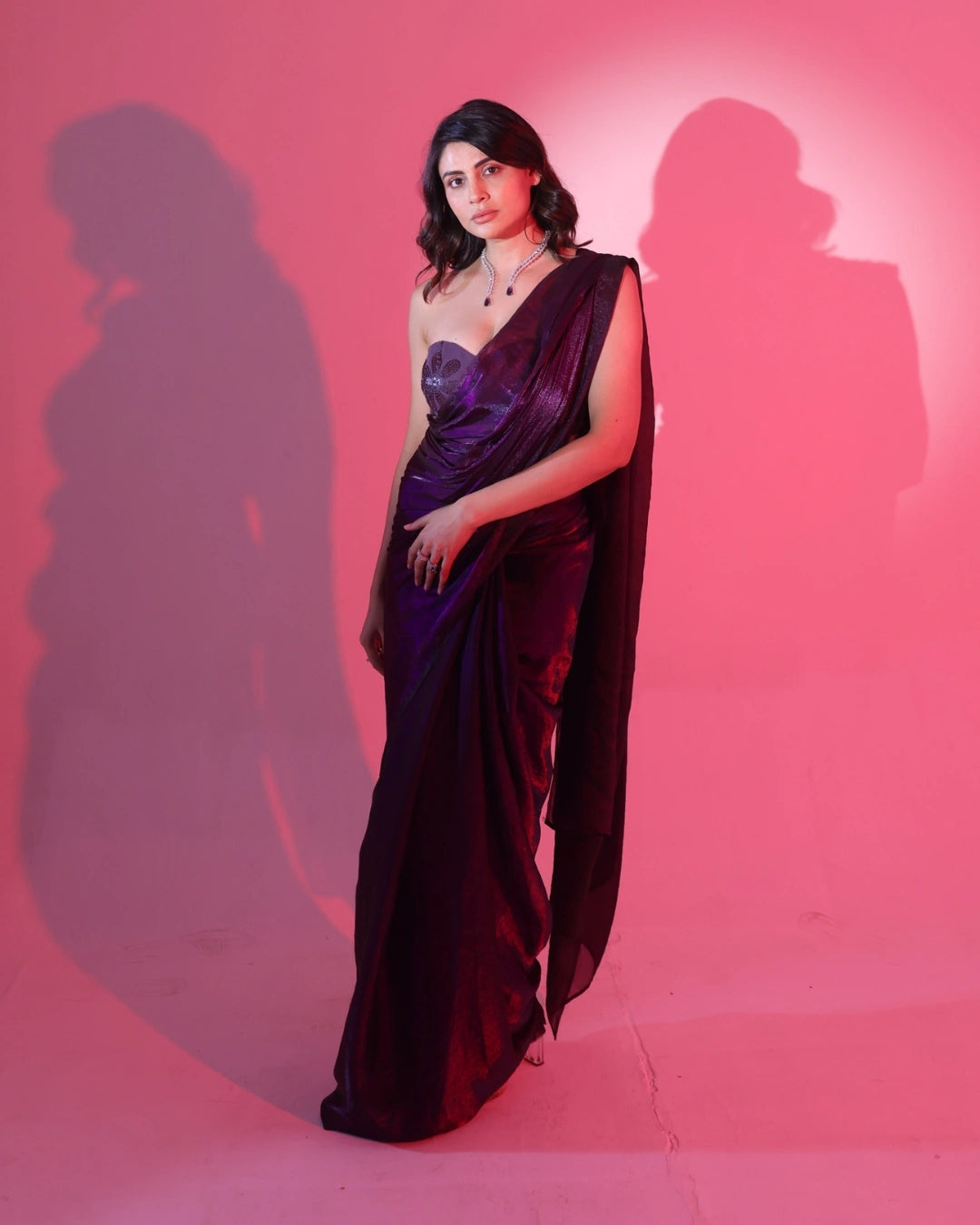 Purple Greorgette Saree with Matching Strapless Floral-Embroidered Blouse