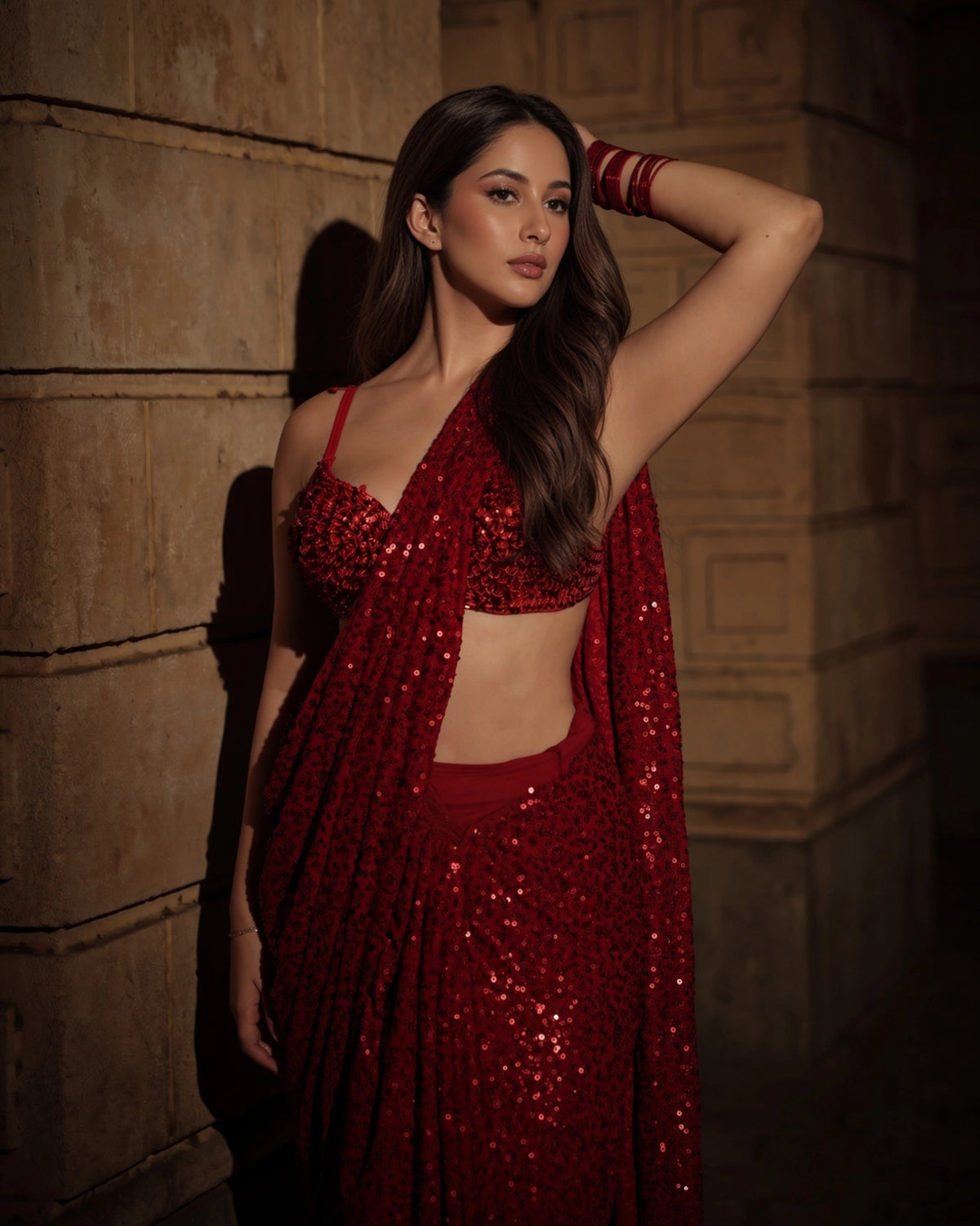 Hot Pink Georgette Saree with All Over Shimmer Sequin Work and Matching Sequin Blouse