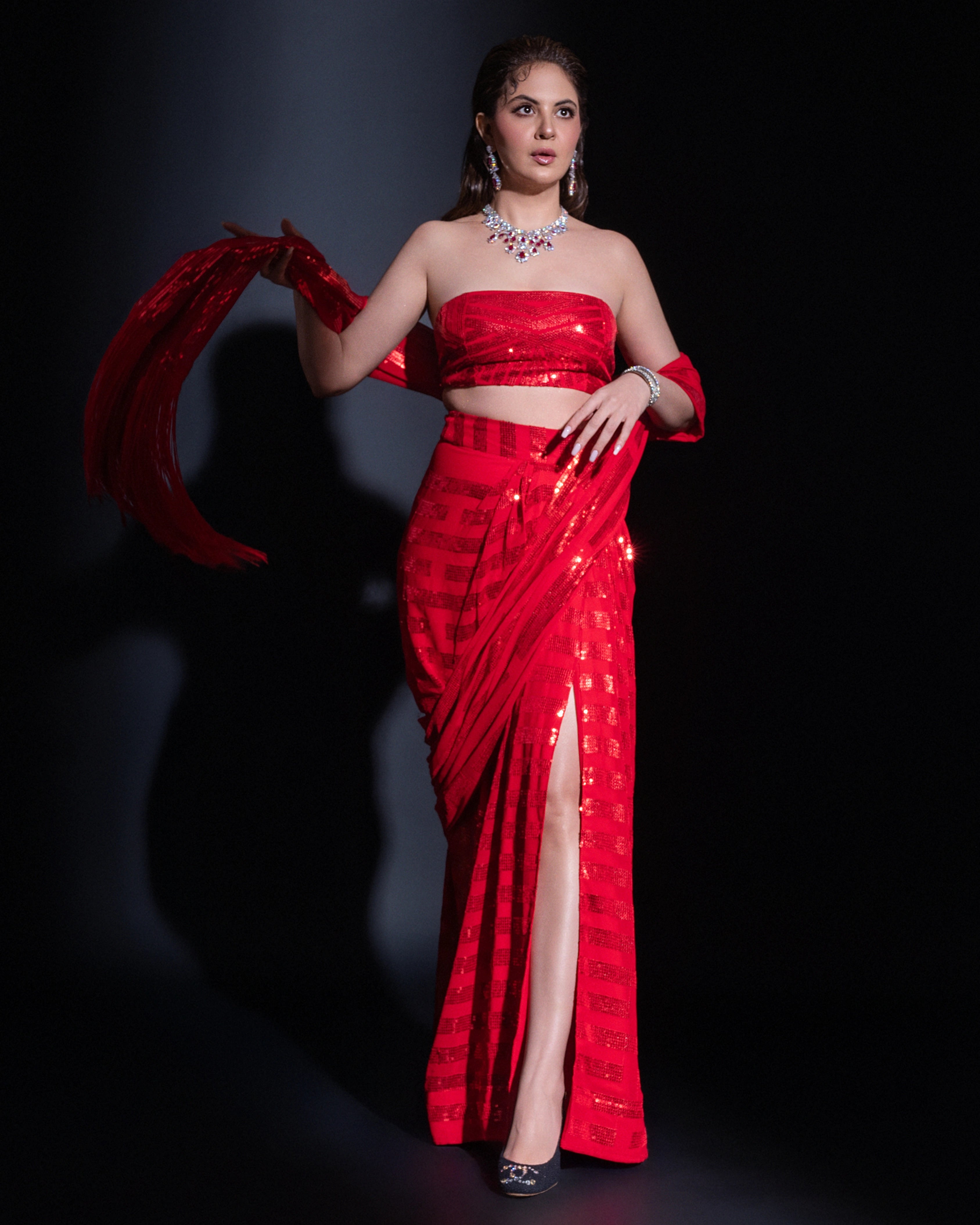 Crimson Red Georgette Sequin Per Drap Saree with Matching Blouse