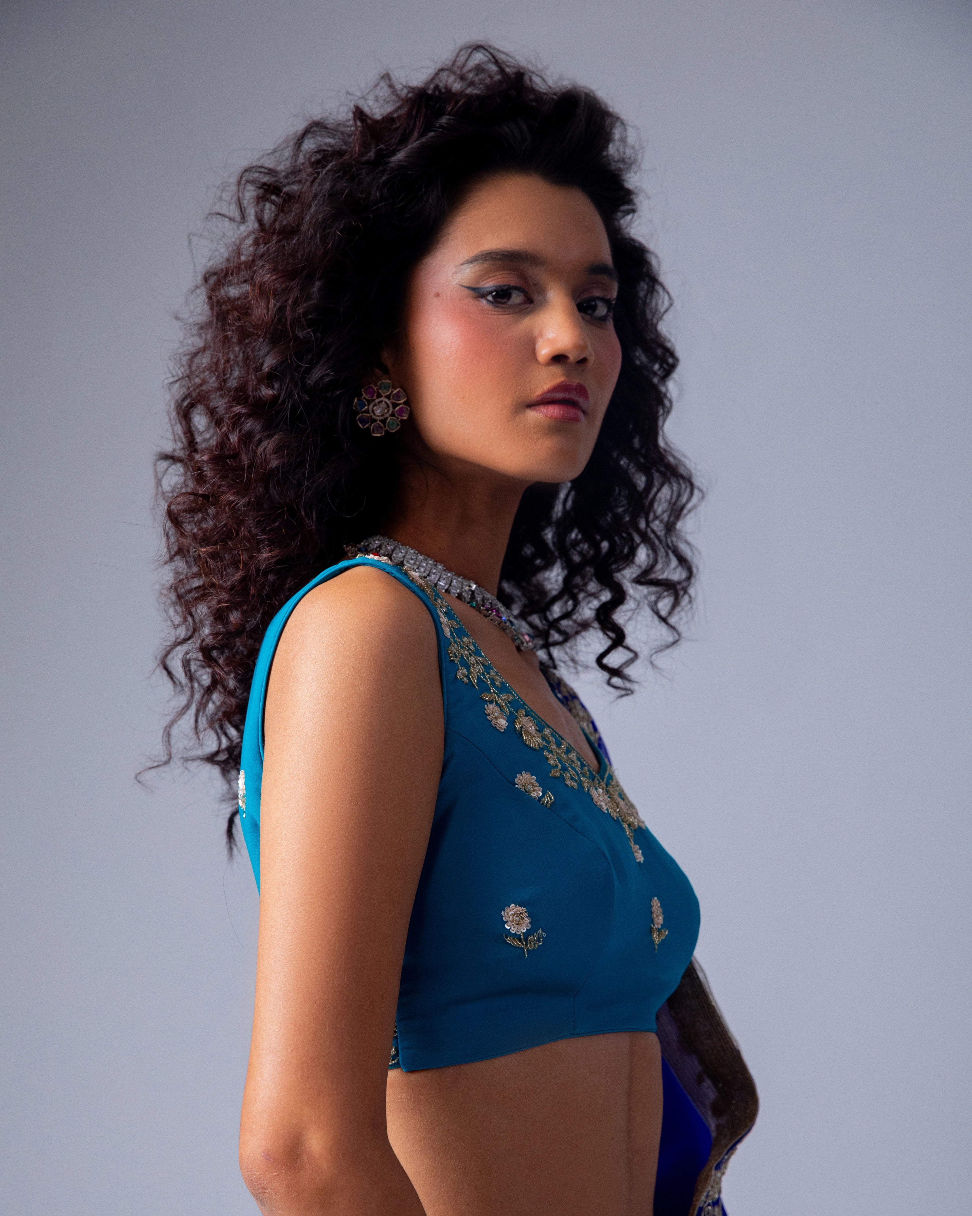 Dark Blue and Bule Dual Tone Hand Embroidered Georgette Saree with Blue Embroidery Blouse