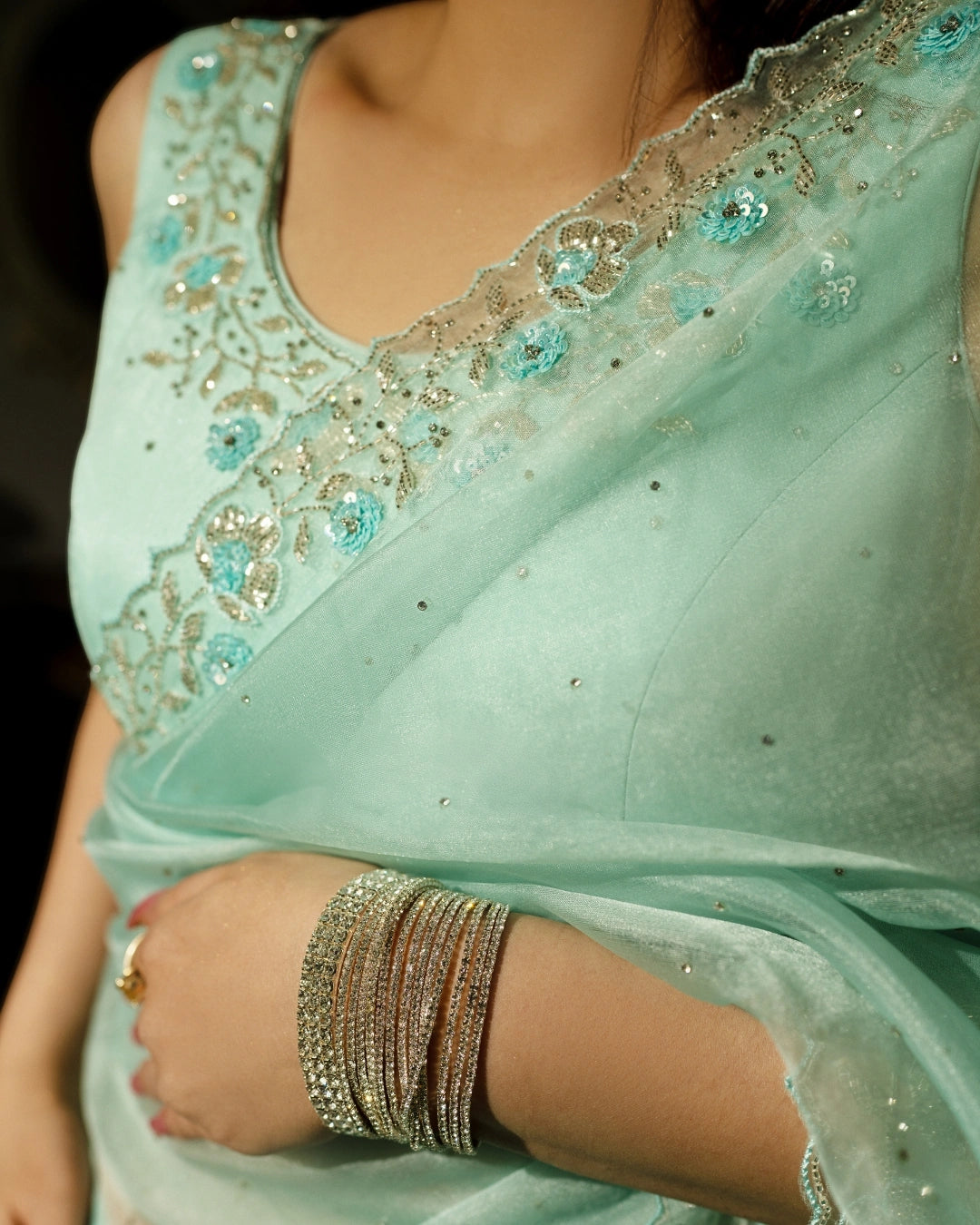 Sky Blue Hand Embroidered Saree and Matching Floral Embroidered Blouse
