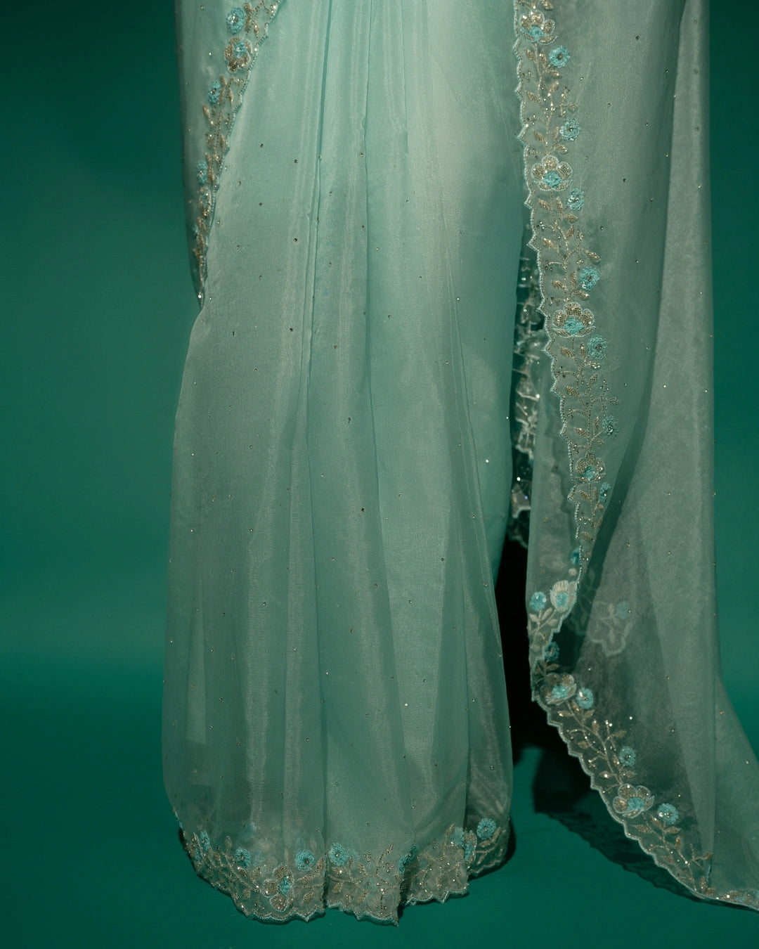 Sky Blue Hand Embroidered Saree and Matching Floral Embroidered Blouse