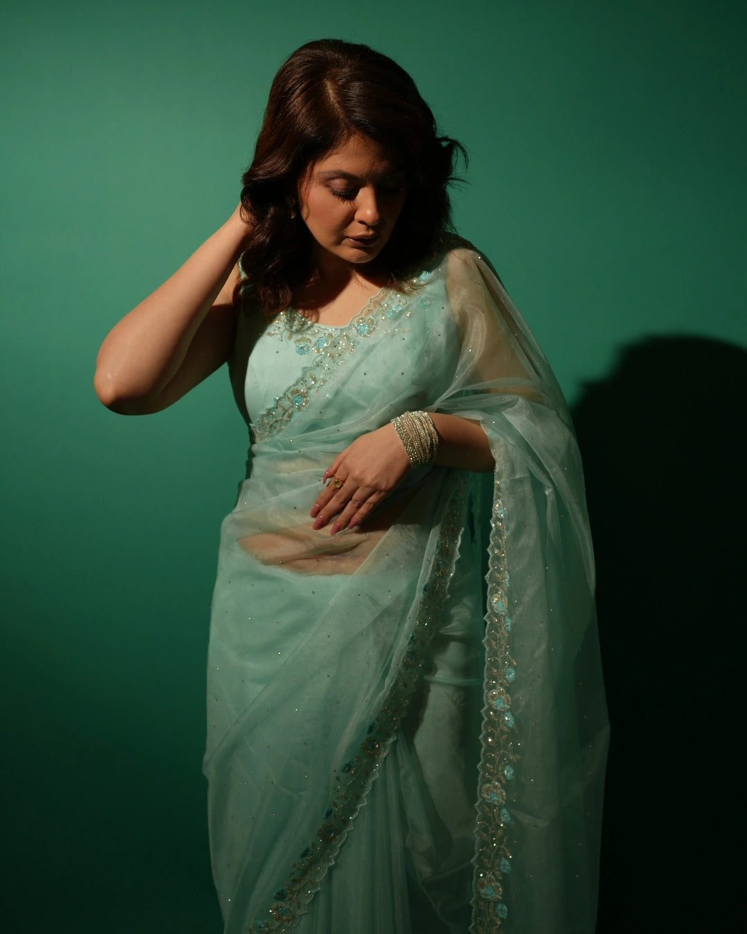 Sky Blue Hand Embroidered Saree and Matching Floral Embroidered Blouse