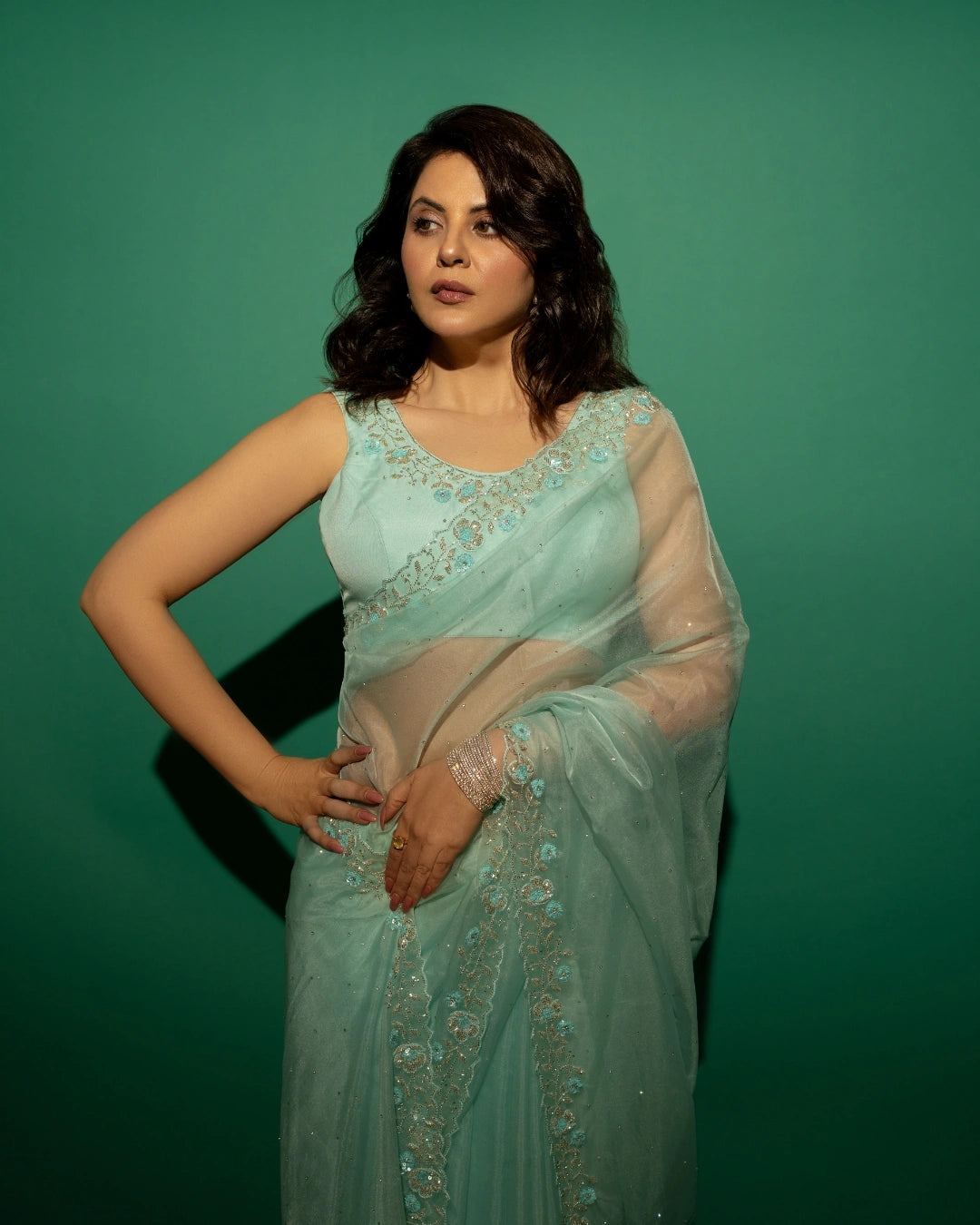 Sky Blue Hand Embroidered Saree and Matching Floral Embroidered Blouse