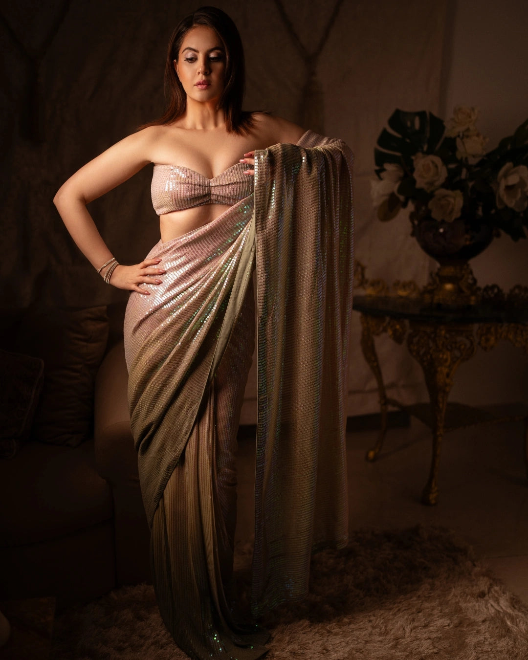 Beige and Olive Green Ombre Georgette Pre-Stitch Saree with All-Over Sequin Work and Matching Blouse