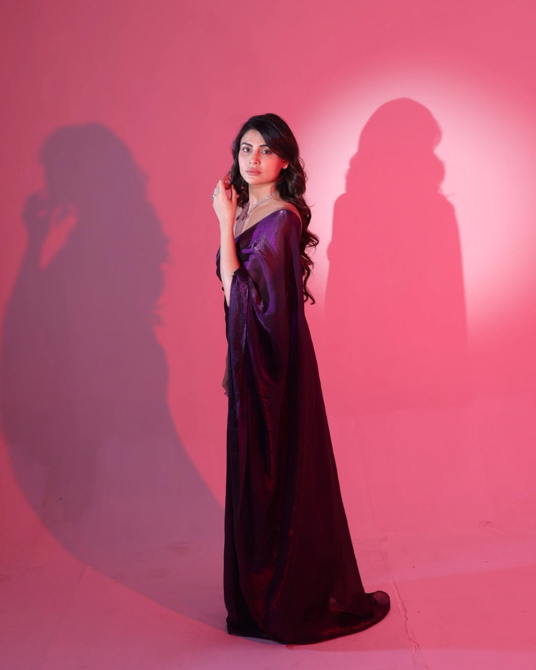 Purple Greorgette Saree with Matching Strapless Floral-Embroidered Blouse