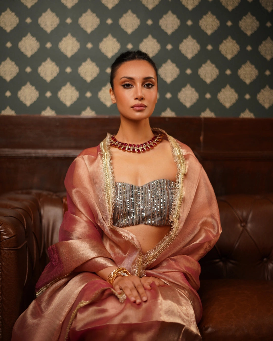 Copper Brown Shimmer Tissue Saree with Zari and Lace Border Work