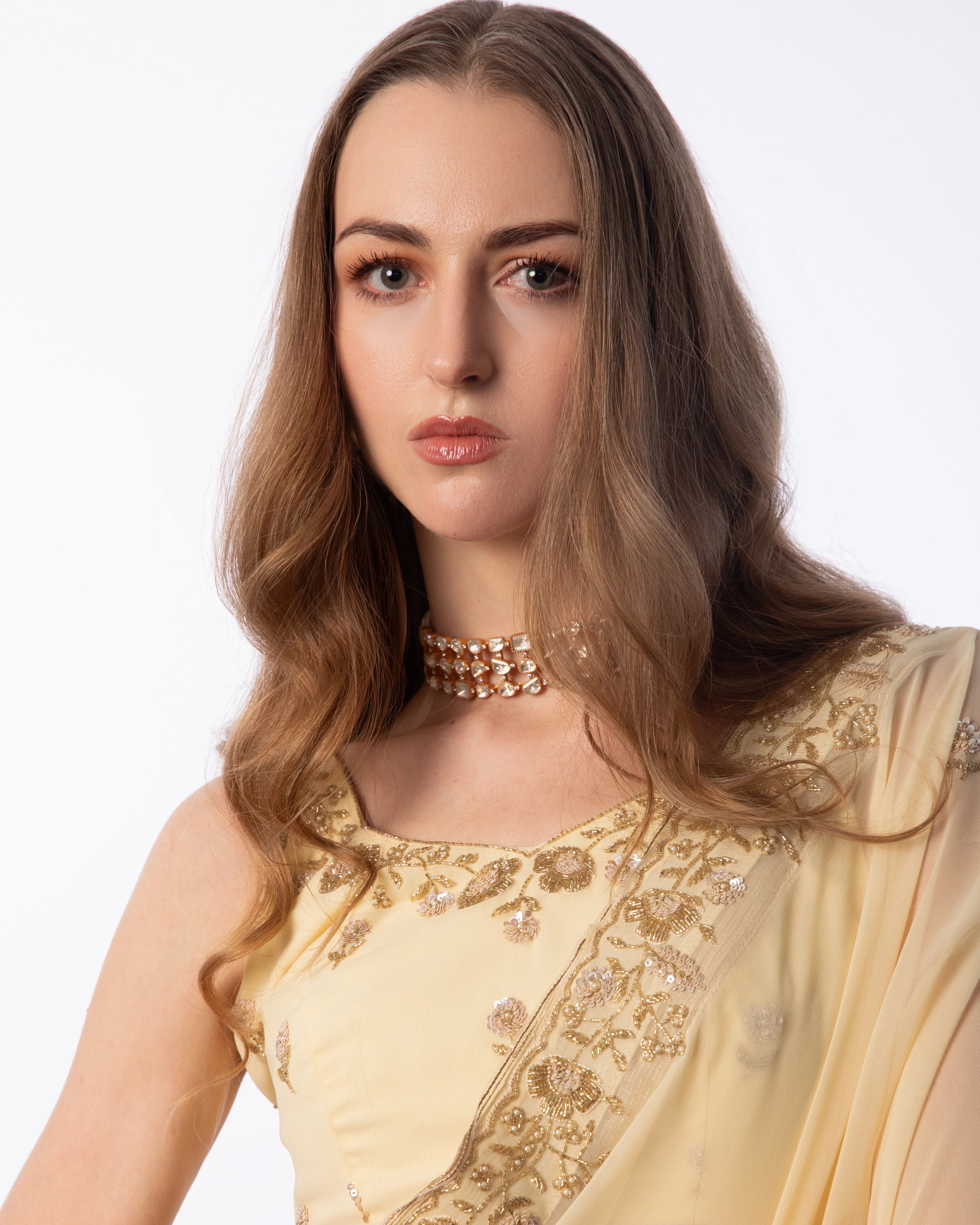 Yellow Hand Embroidered Georgette Saree and Matching Floral Embroidered Blouse