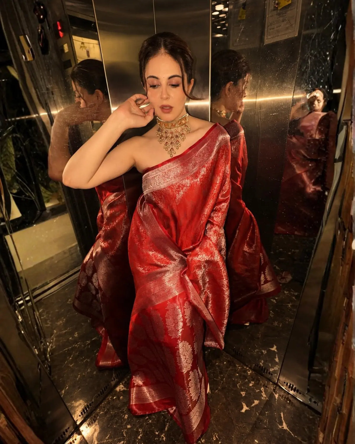 Red Banarasi Silk Saree With All Over Flower Work and Matching Blouse