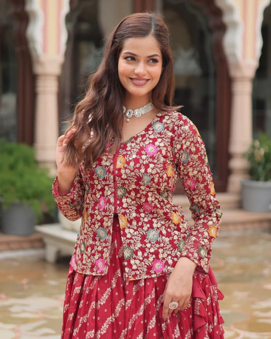 Red Georgette Lehenga with Heavy Thread Embroidery and Floral Design