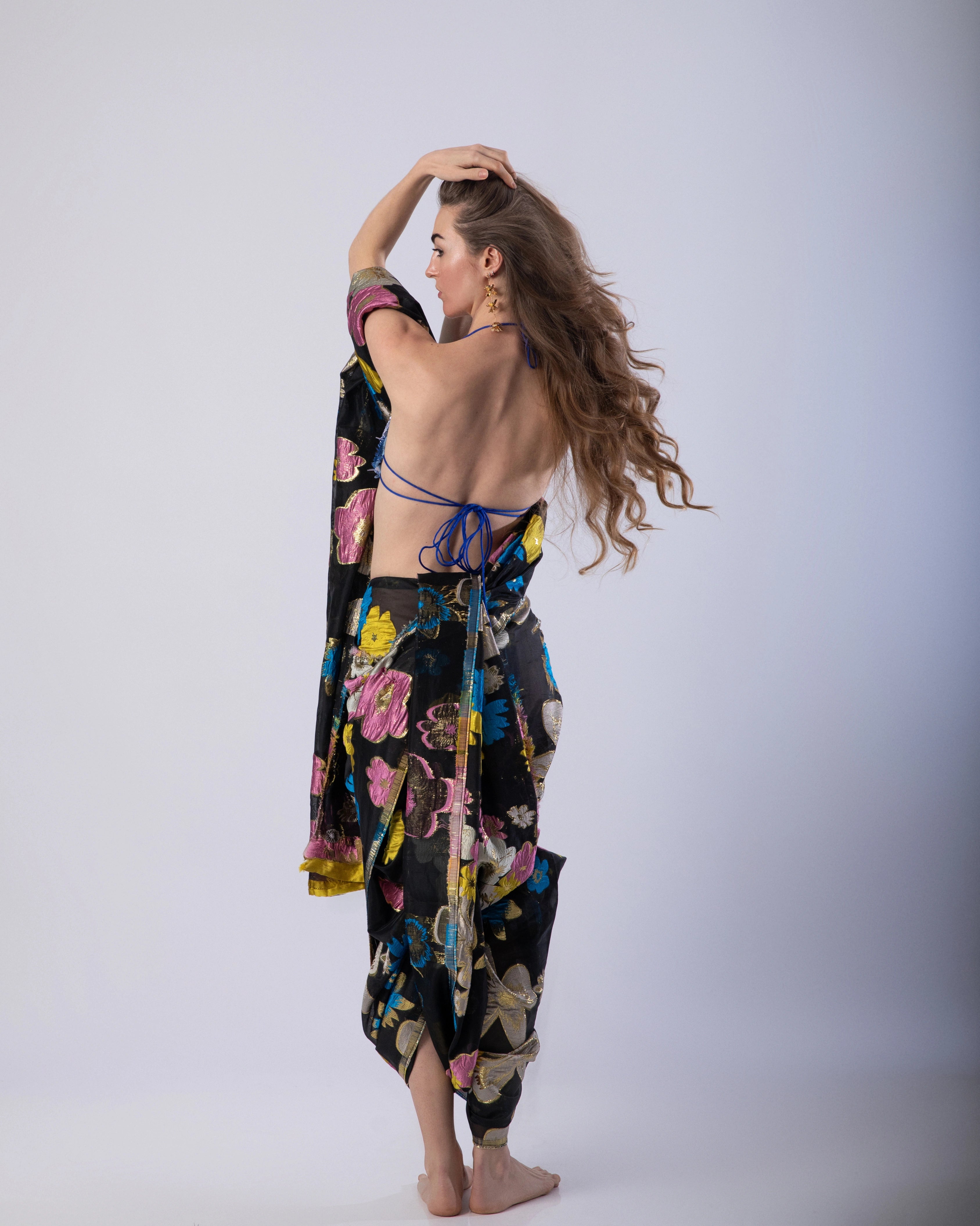 Black Multicolor Floral Silk Saree with Handwoven Brocade Motifs and Fringe-Detail Blouse