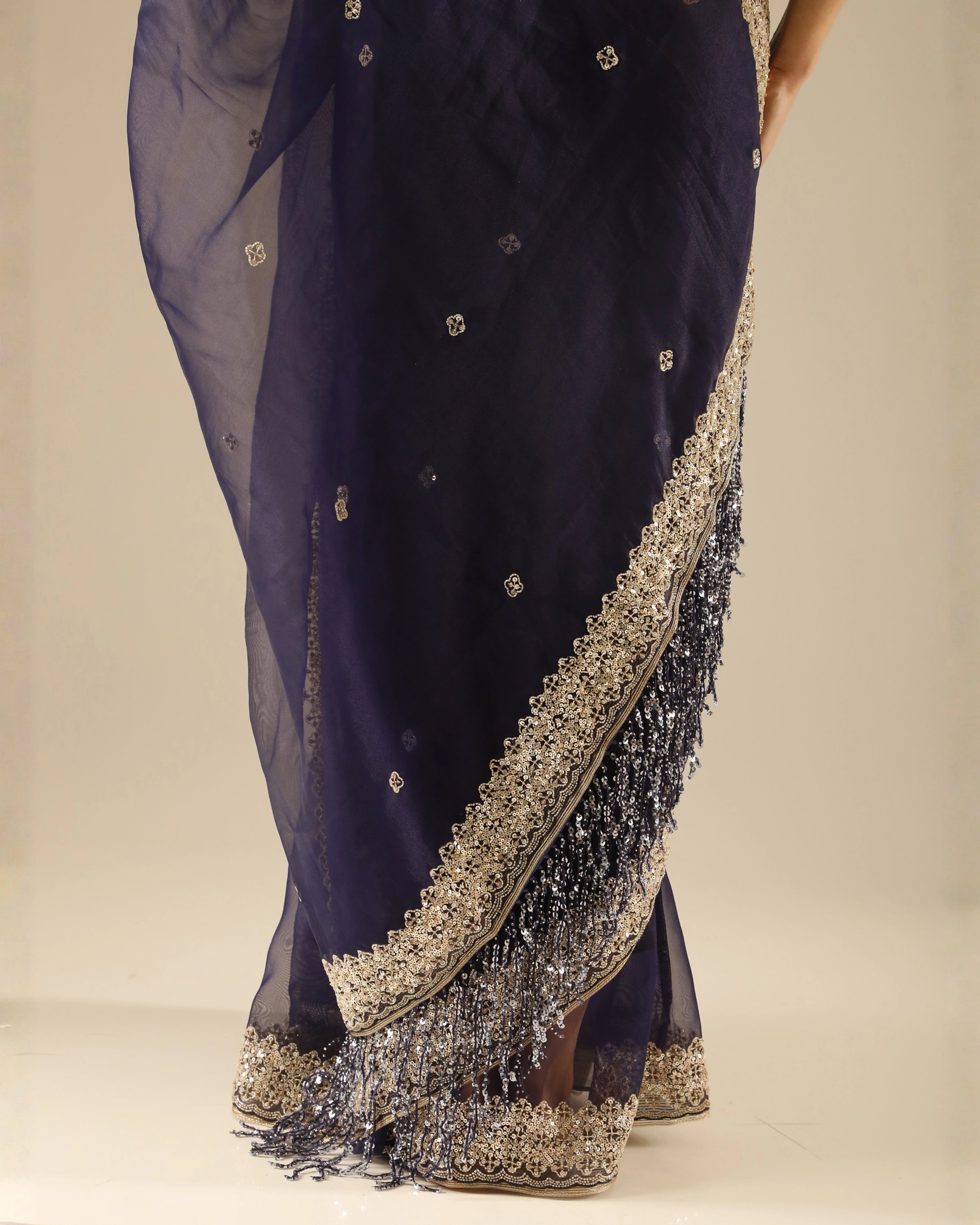 Navy Blue Georgette Hand-Embroidered with All-Over Chita Work