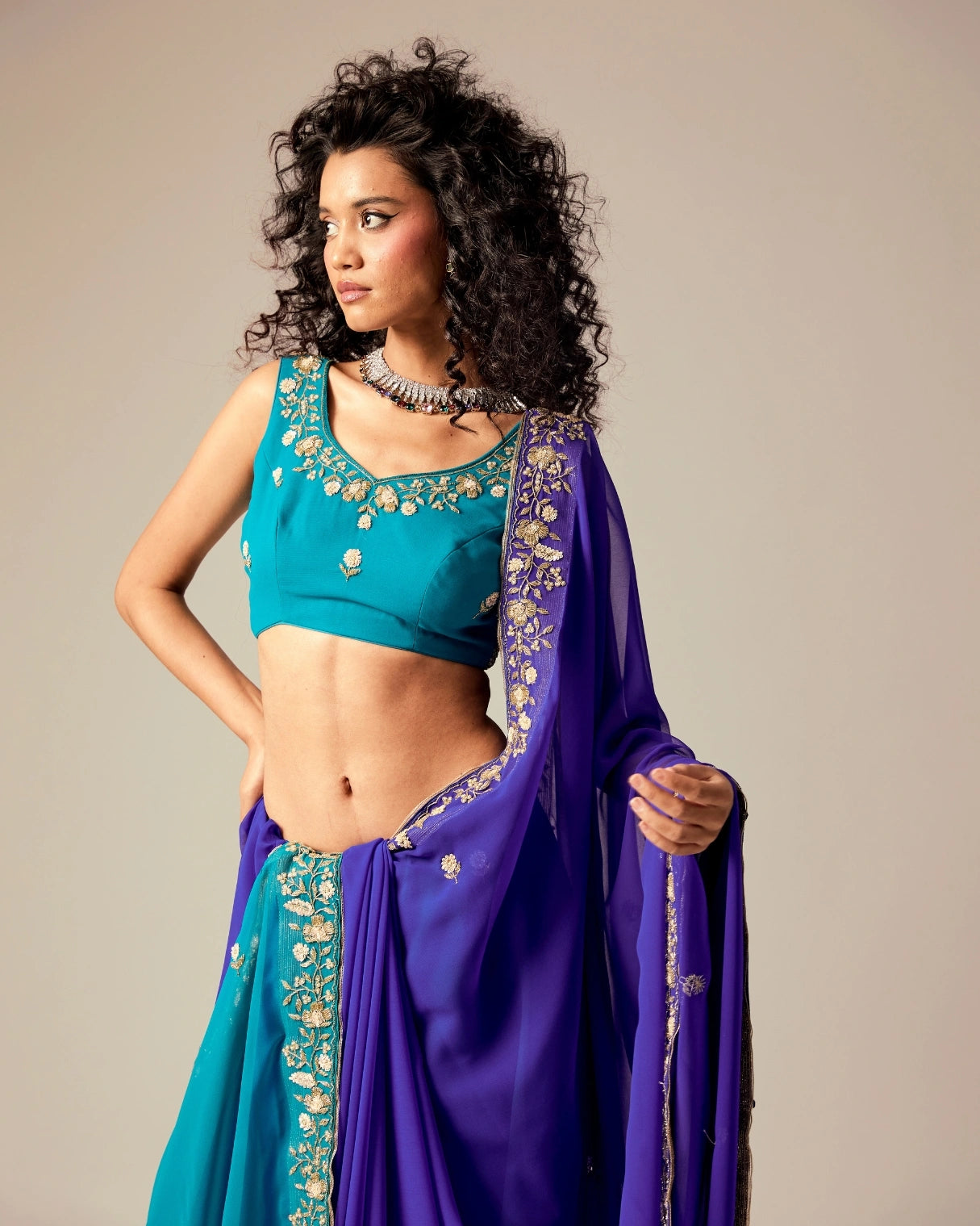 Dark Blue and Bule Dual Tone Hand Embroidered Georgette Saree with Blue Embroidery Blouse