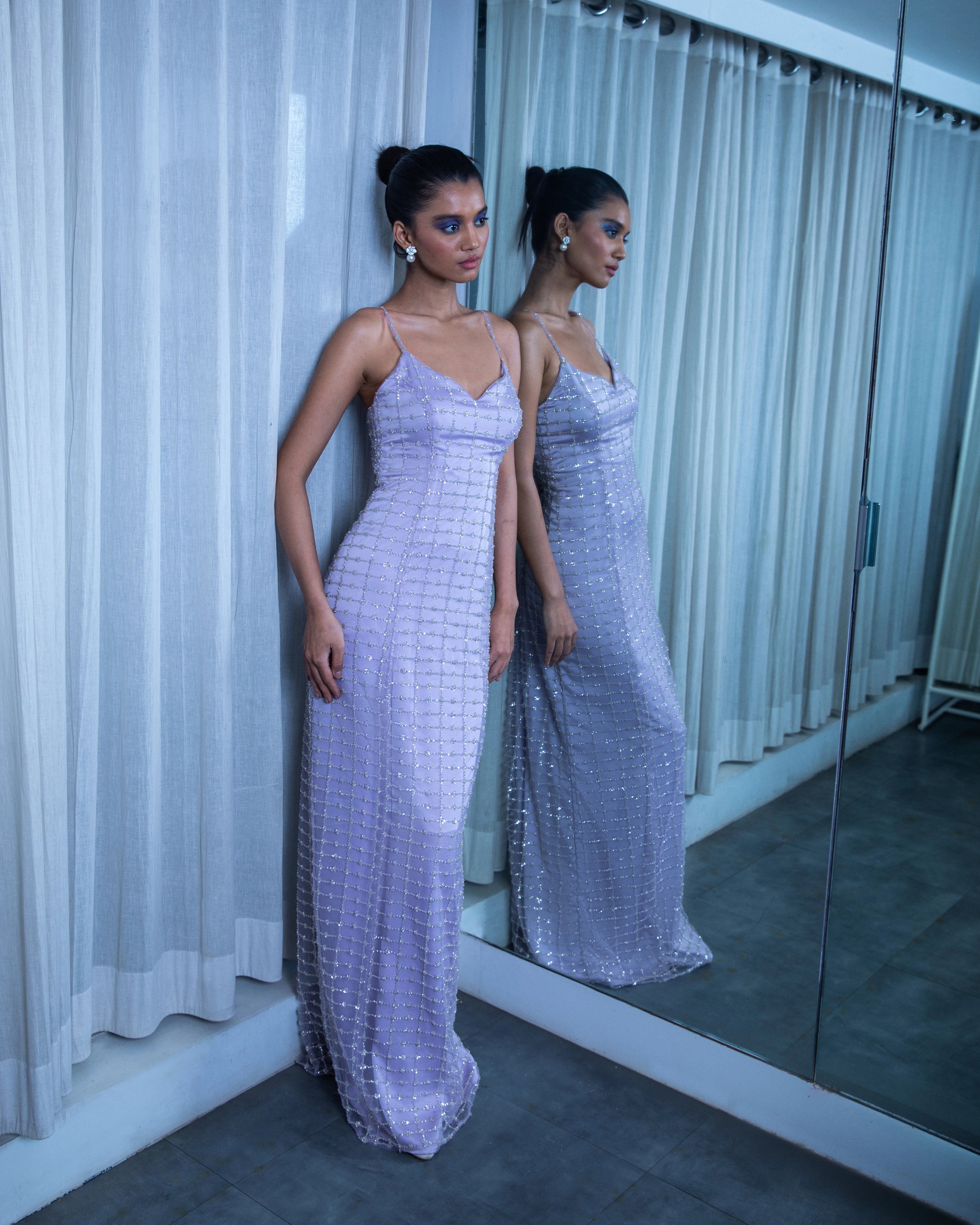 Lavender Silk Embellished Bodycon Dress with Grid Pattern Design and Hand Beadwork