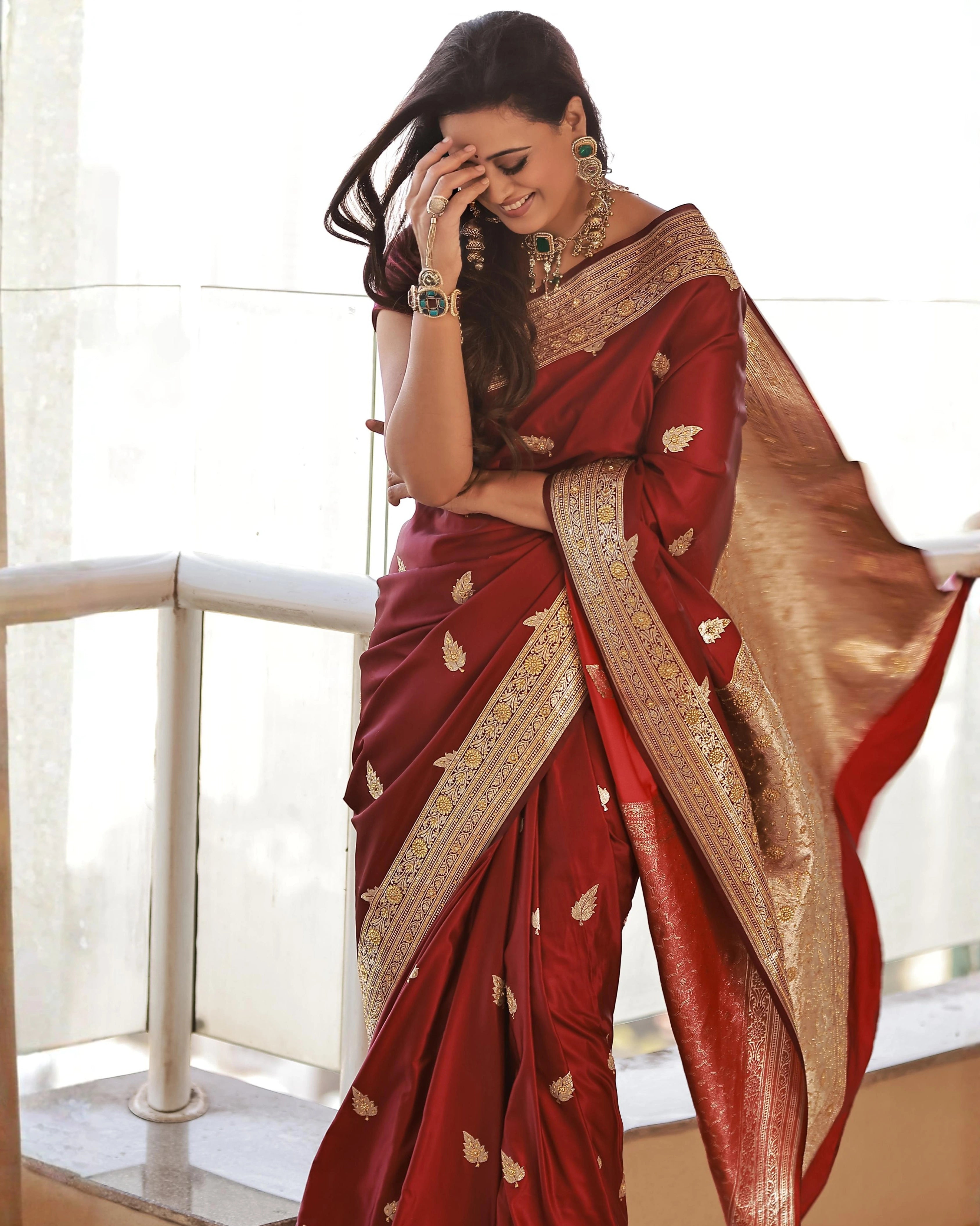 Magenta Pink Pure Banarasi Silk Saree with All-Over Gold Zari Border Floral Leaf Design and Matching Blouse