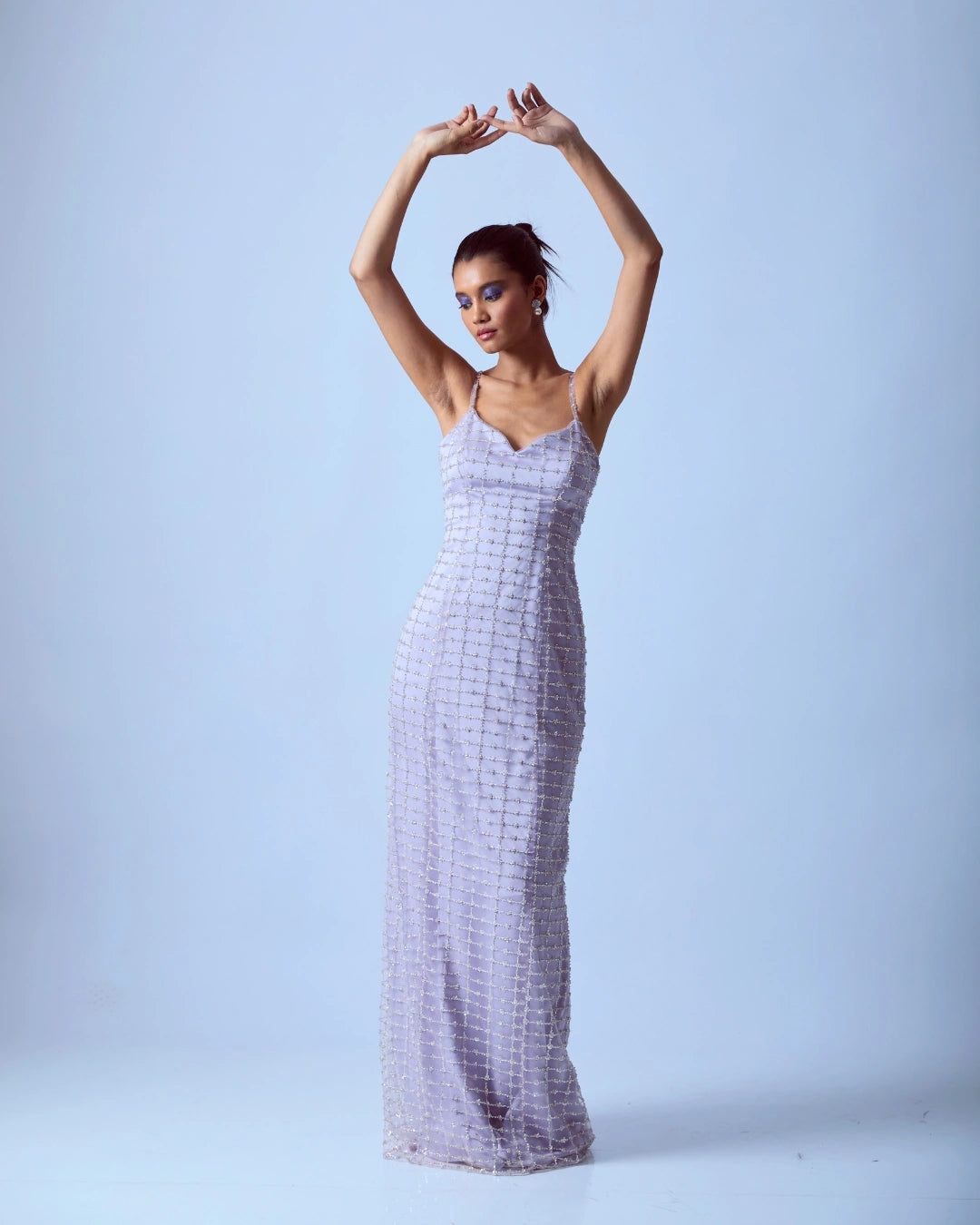Lavender Silk Embellished Bodycon Dress with Grid Pattern Design and Hand Beadwork