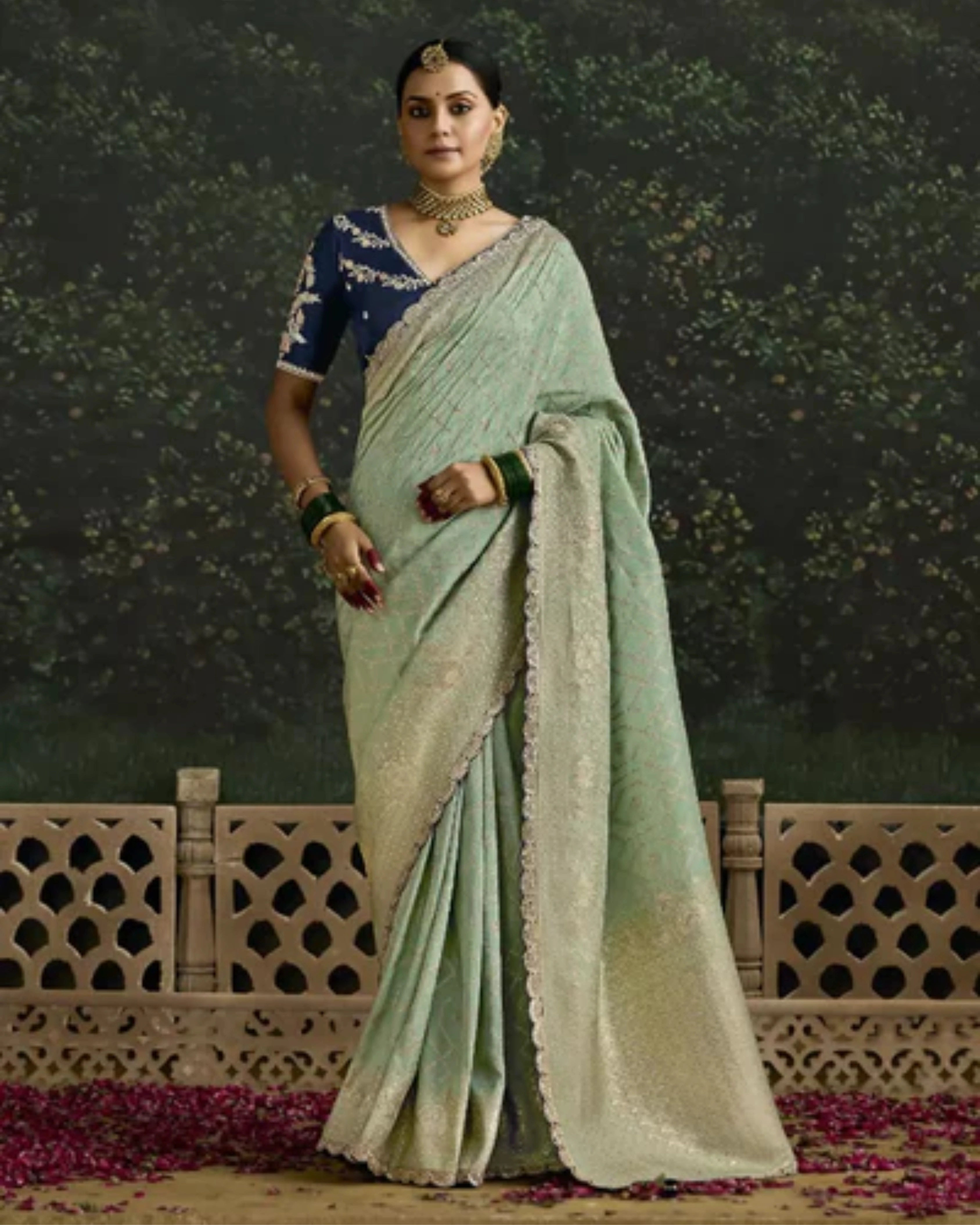 Mint Green Heavy Silk Saree with Gold Zari and Embroidery Work All-Over & Heavy Embroidery Navy Blue Blouse