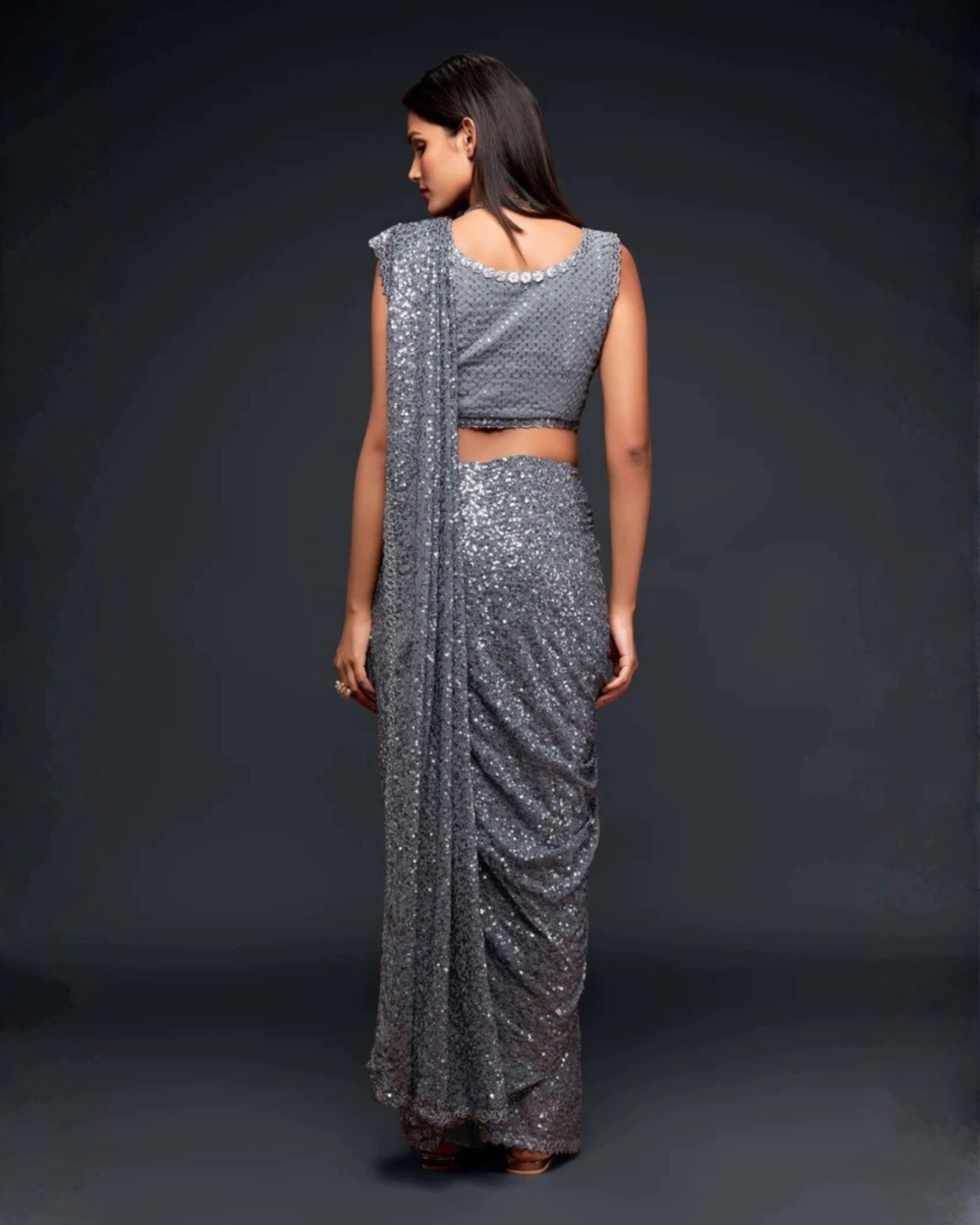 Silver Georgette Saree with All Over Shimmer Sequin Work and Matching Sequin Blouse
