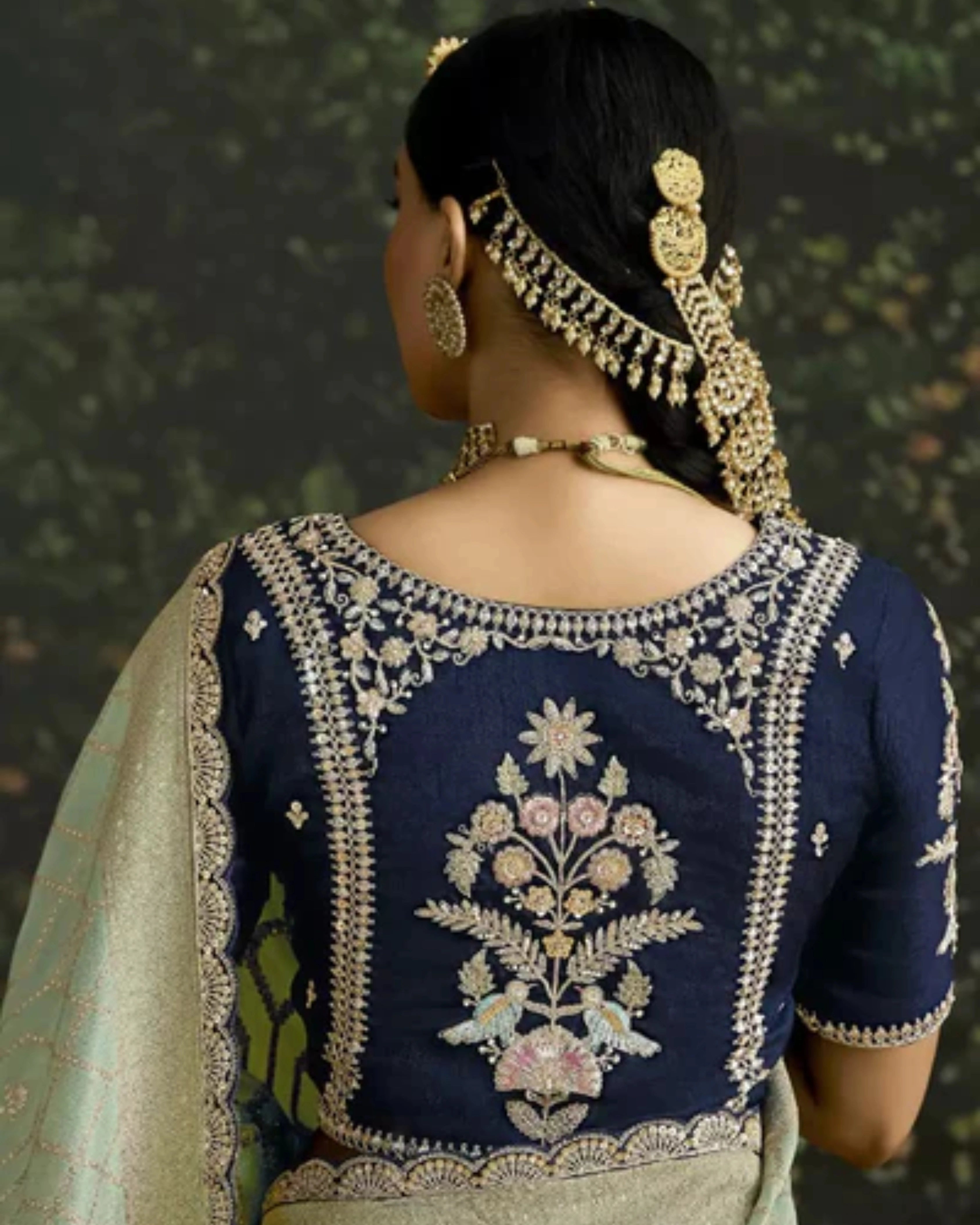Mint Green Heavy Silk Saree with Gold Zari and Embroidery Work All-Over & Heavy Embroidery Navy Blue Blouse