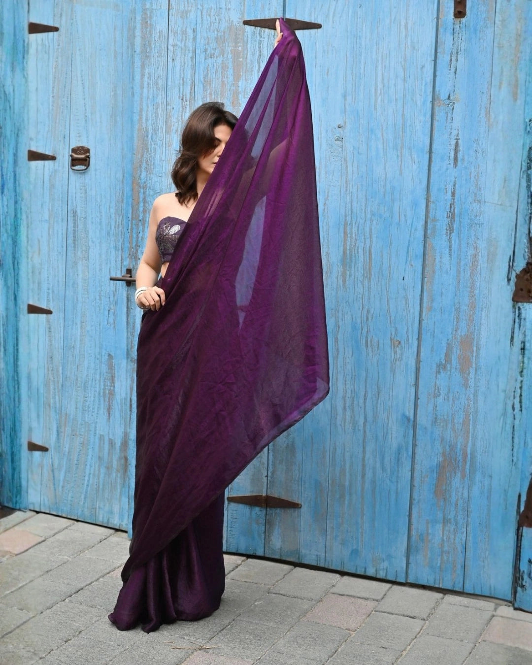 Purple Greorgette Saree with Matching Strapless Floral-Embroidered Blouse