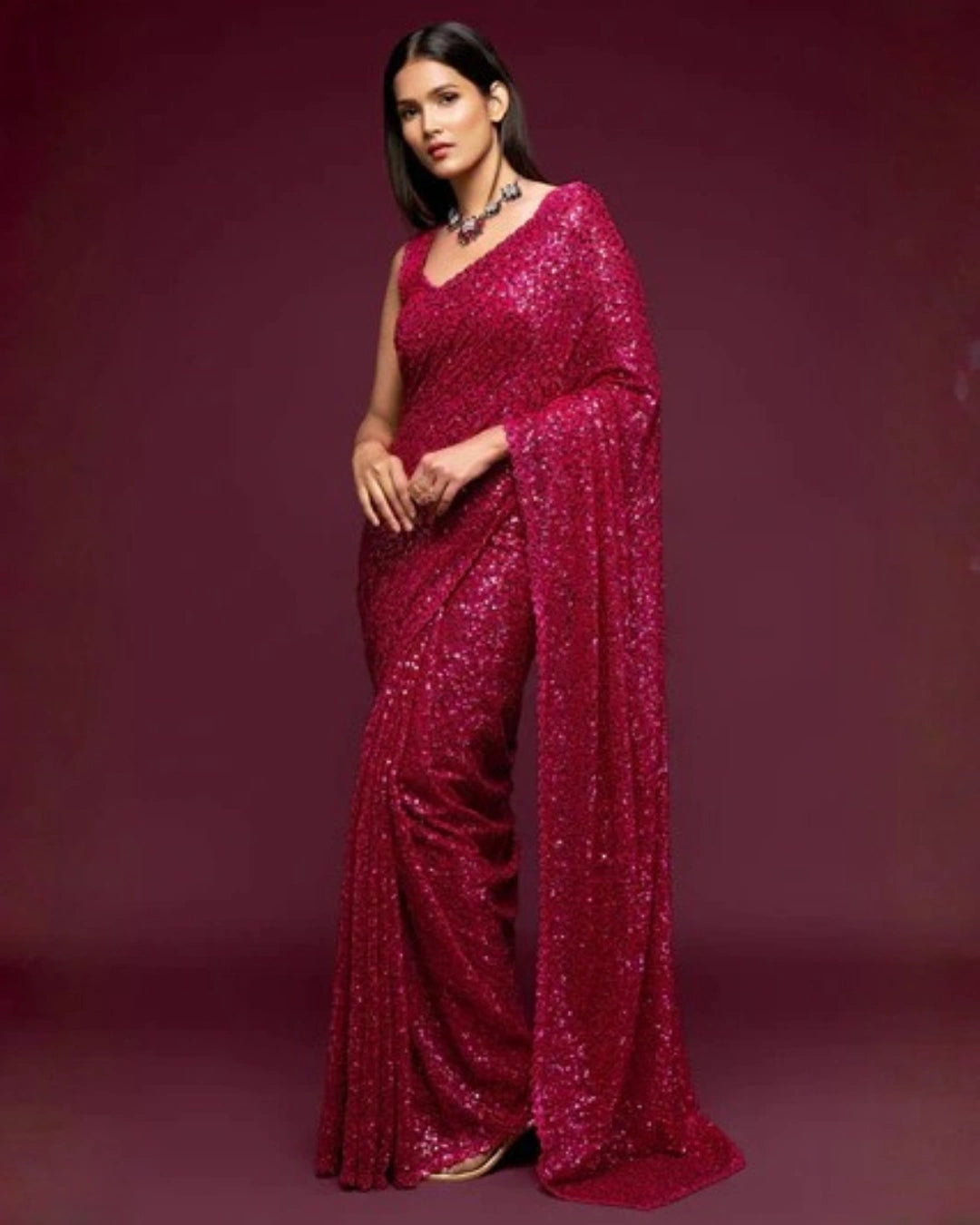 Hot Pink Georgette Saree with All Over Shimmer Sequin Work and Matching Sequin Blouse