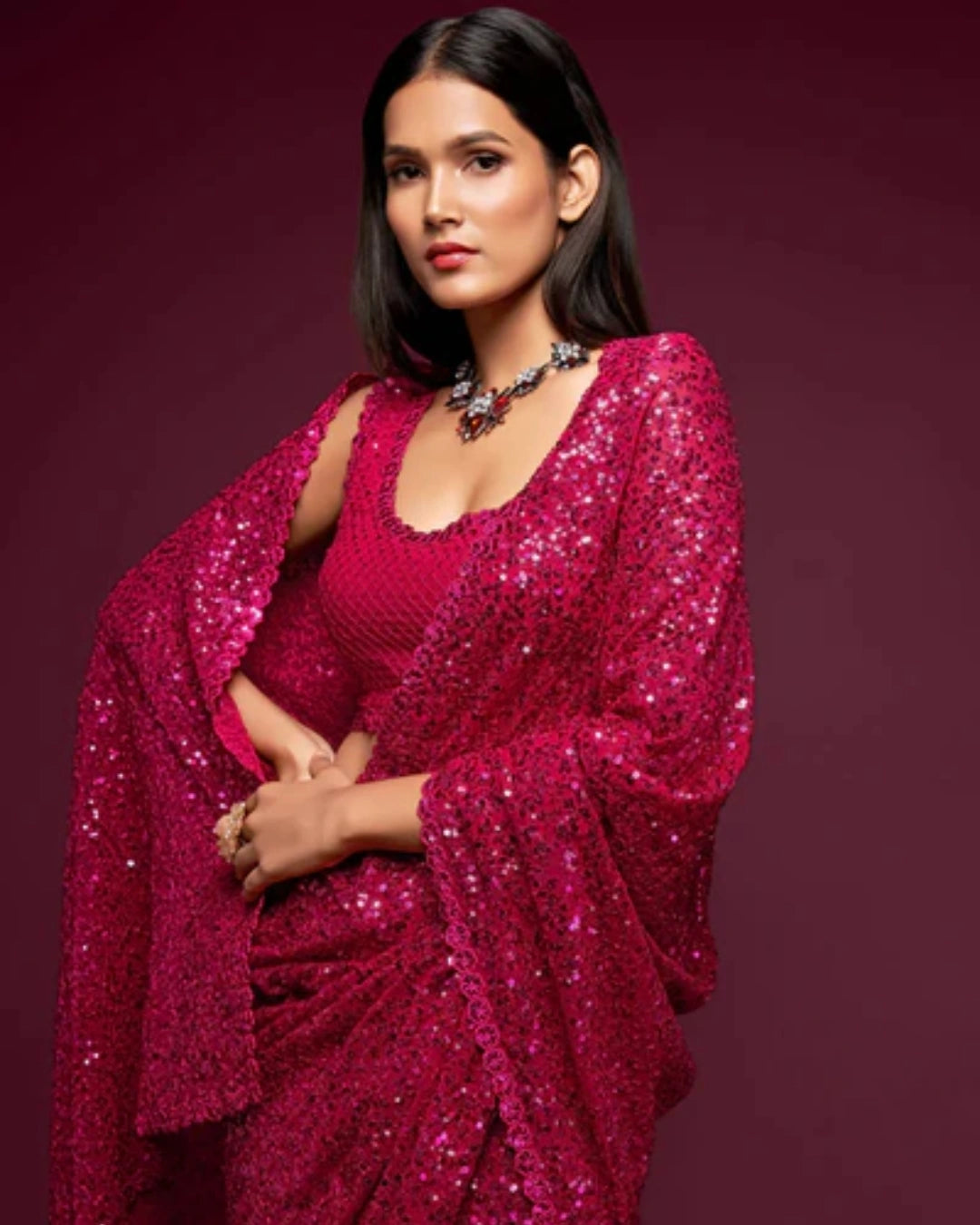 Hot Pink Georgette Saree with All Over Shimmer Sequin Work and Matching Sequin Blouse