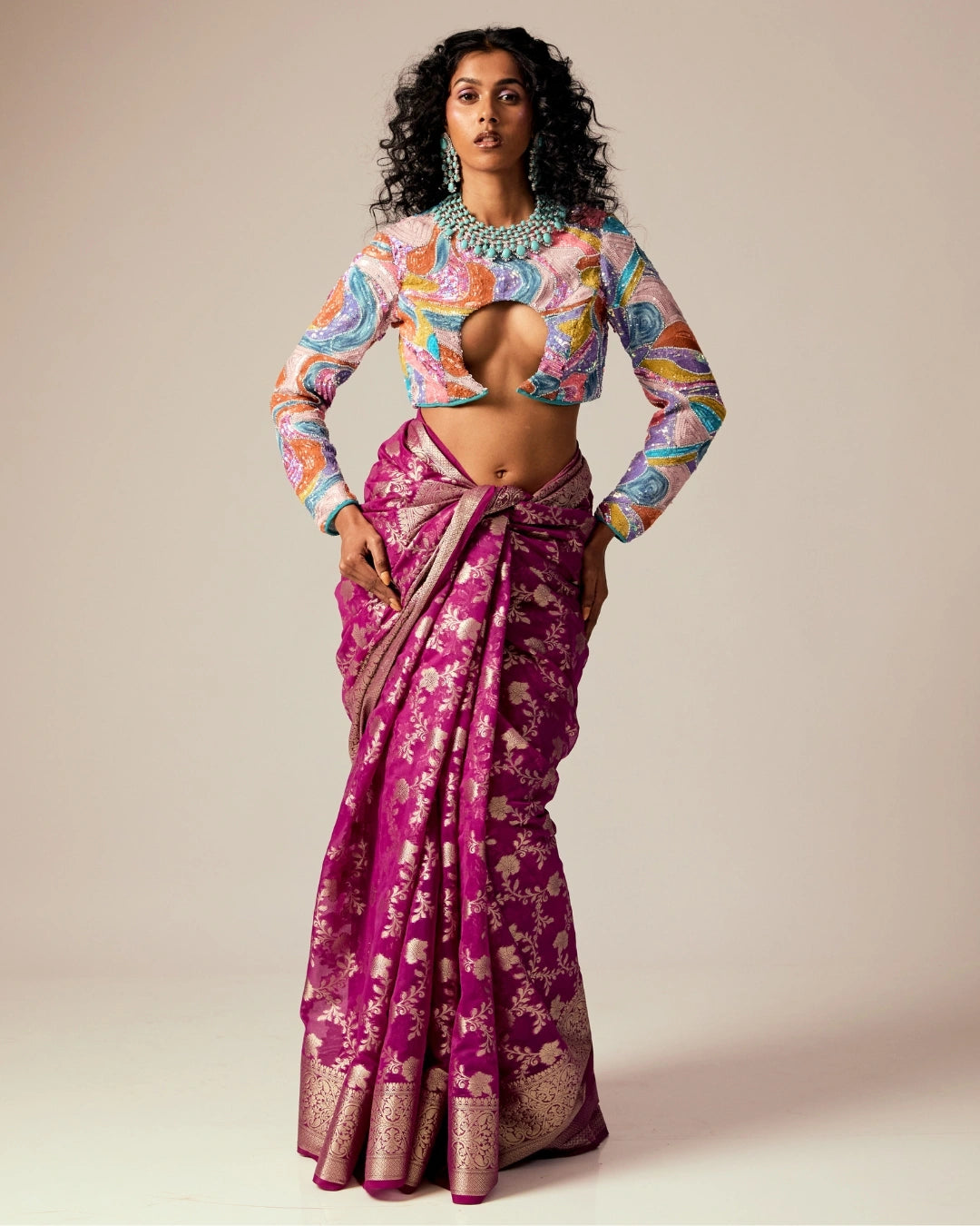 Pink Banarasi Saree with Gold Floral Design and Multicolor Full Sleeve Cut-Out Blouse