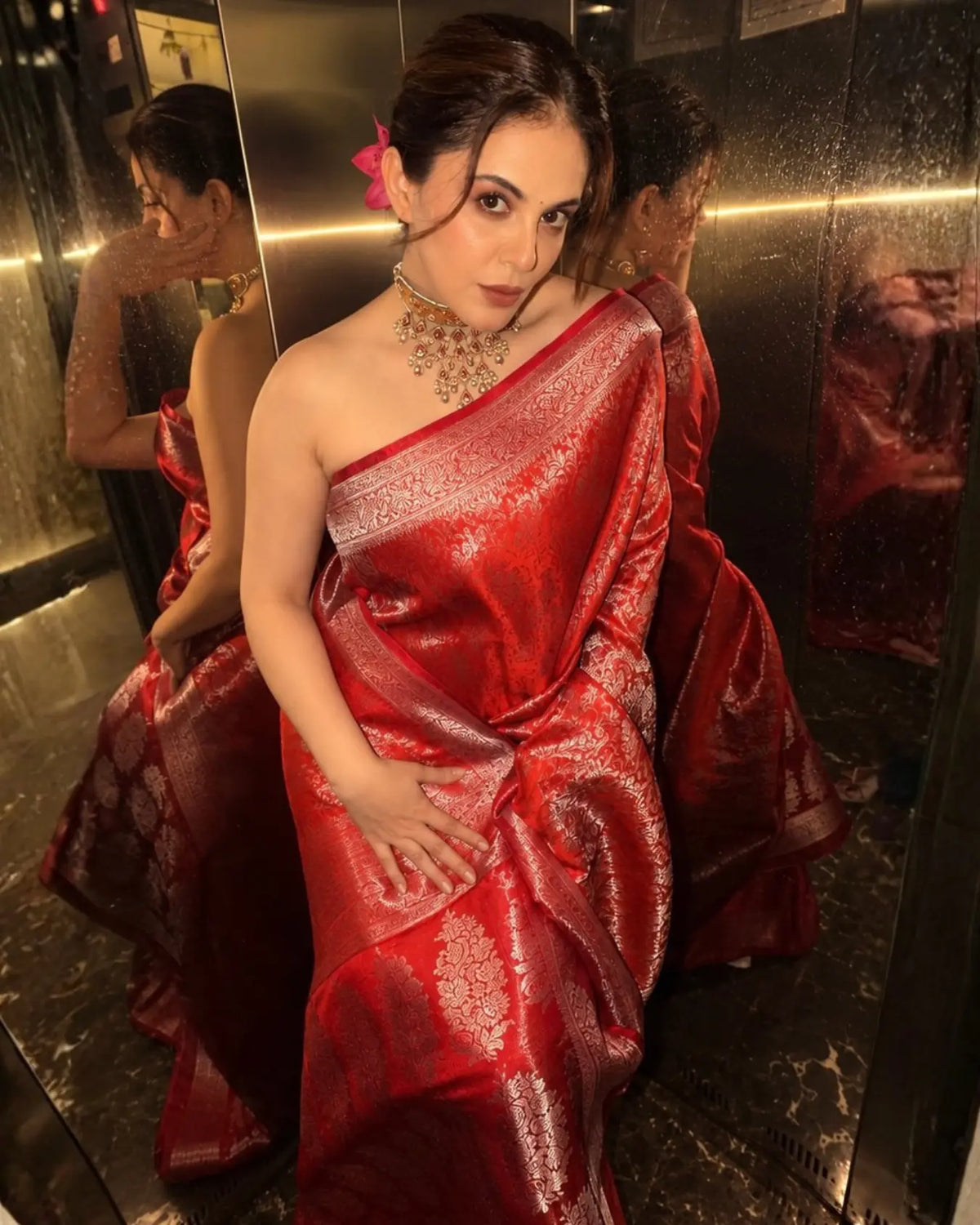 Red Banarasi Silk Saree With All Over Flower Work and Matching Blouse