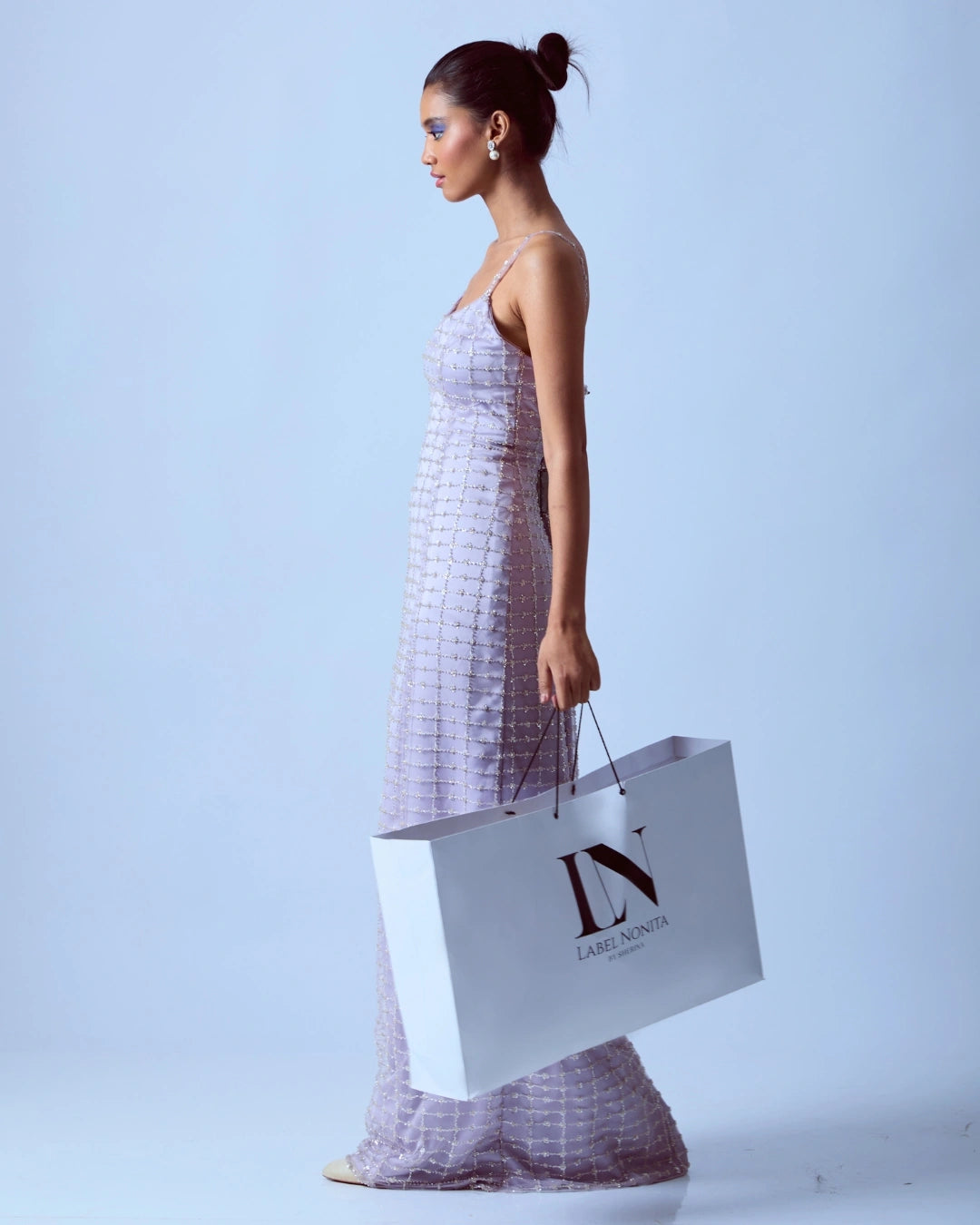 Lavender Silk Embellished Bodycon Dress with Grid Pattern Design and Hand Beadwork