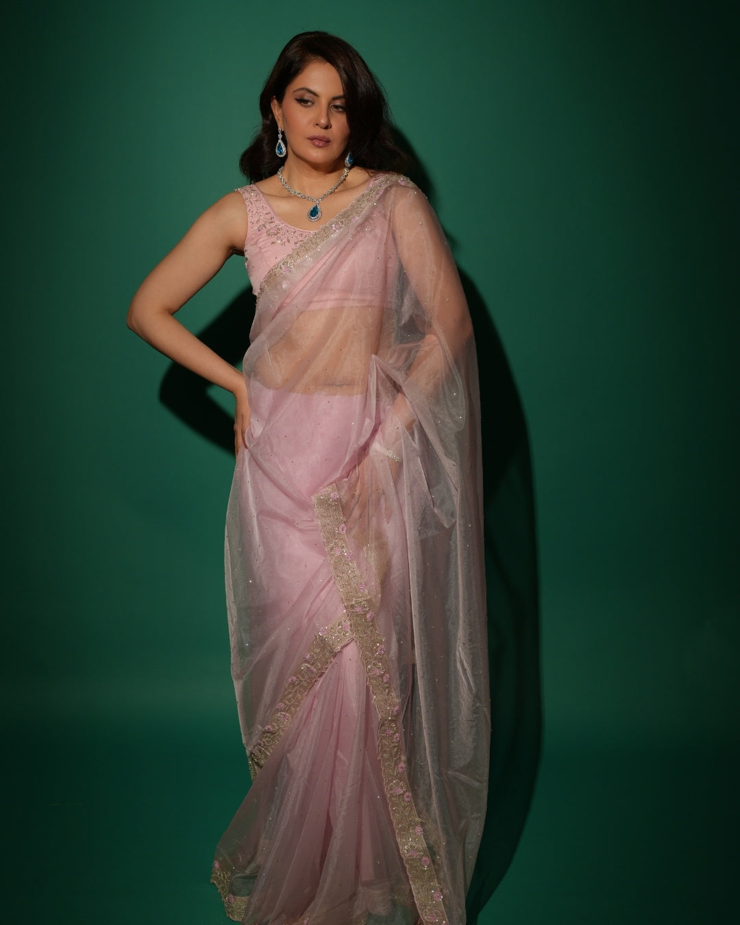 Baby Pink Hand Embroidered Saree and Matching Floral Embroidered Blouse