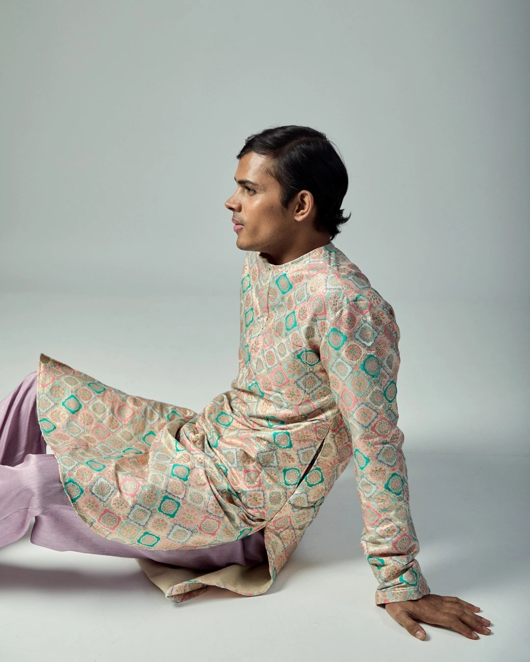 Pastel Brocade Kurta Set with Silk Straight Trousers