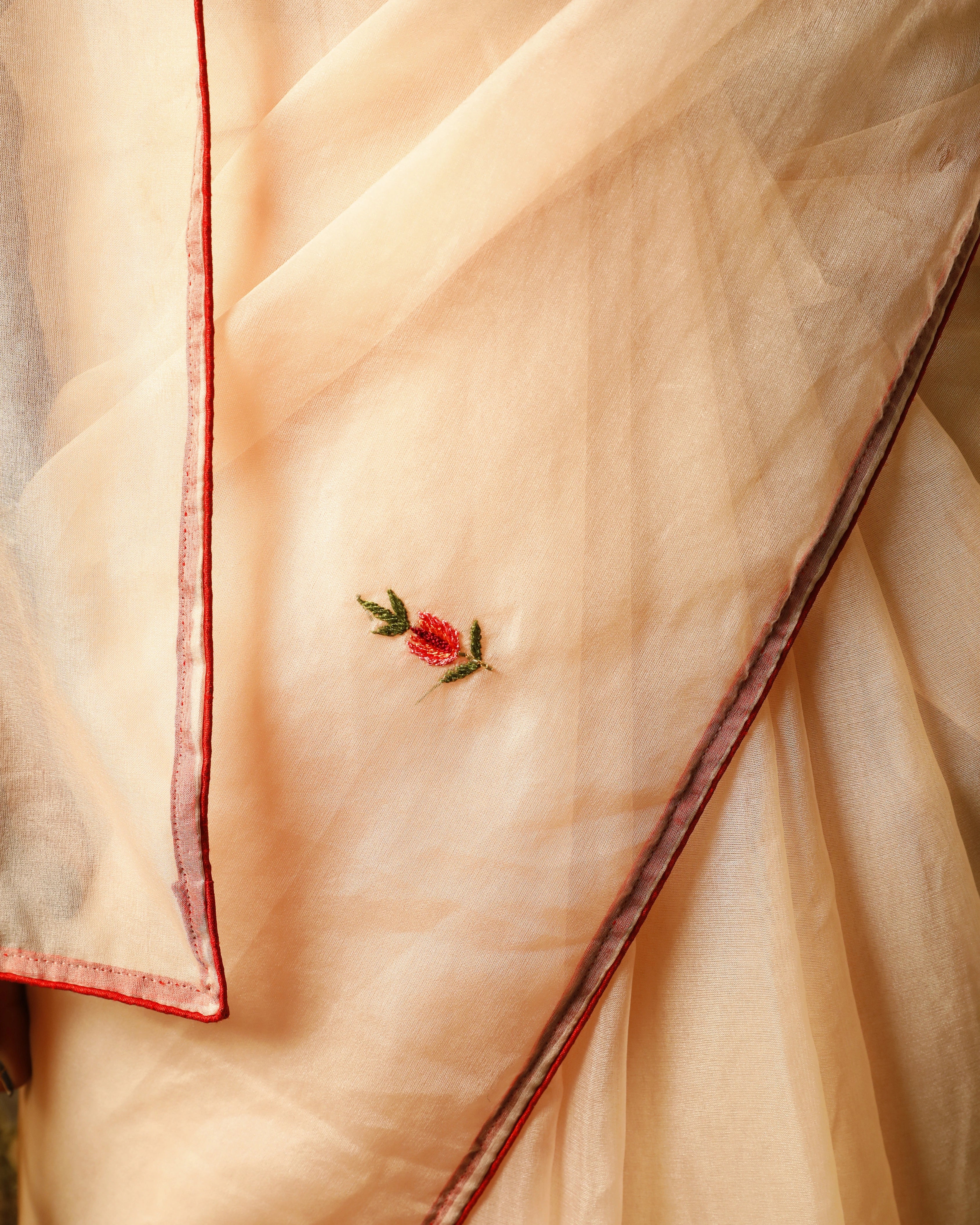 Peach Pink Saree with Multicolor Floral Hand Embroidery and Big Gem Stone Work Blouse