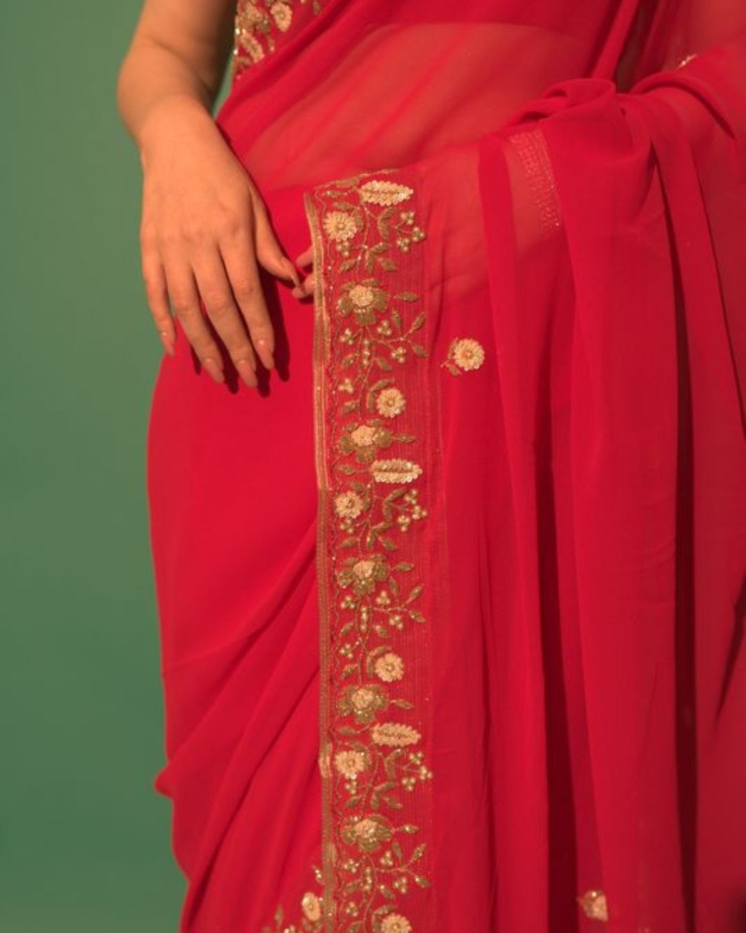 Pink Hand Embroidered Georgette Saree and Matching Floral Embroidered Blouse