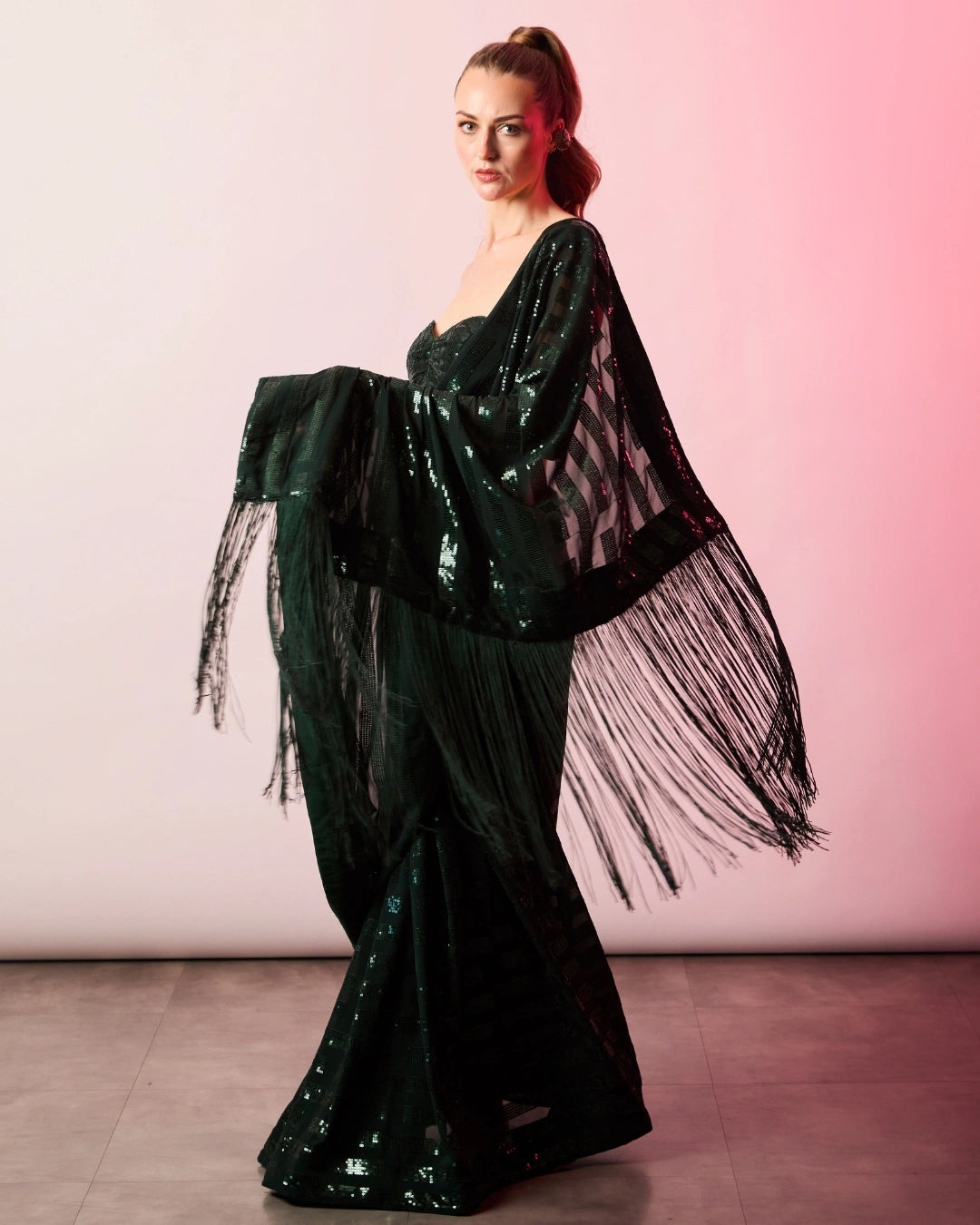 Green Georgette Sequin Stripes Saree with Fringe Pallu and Matching Sequin Blouse