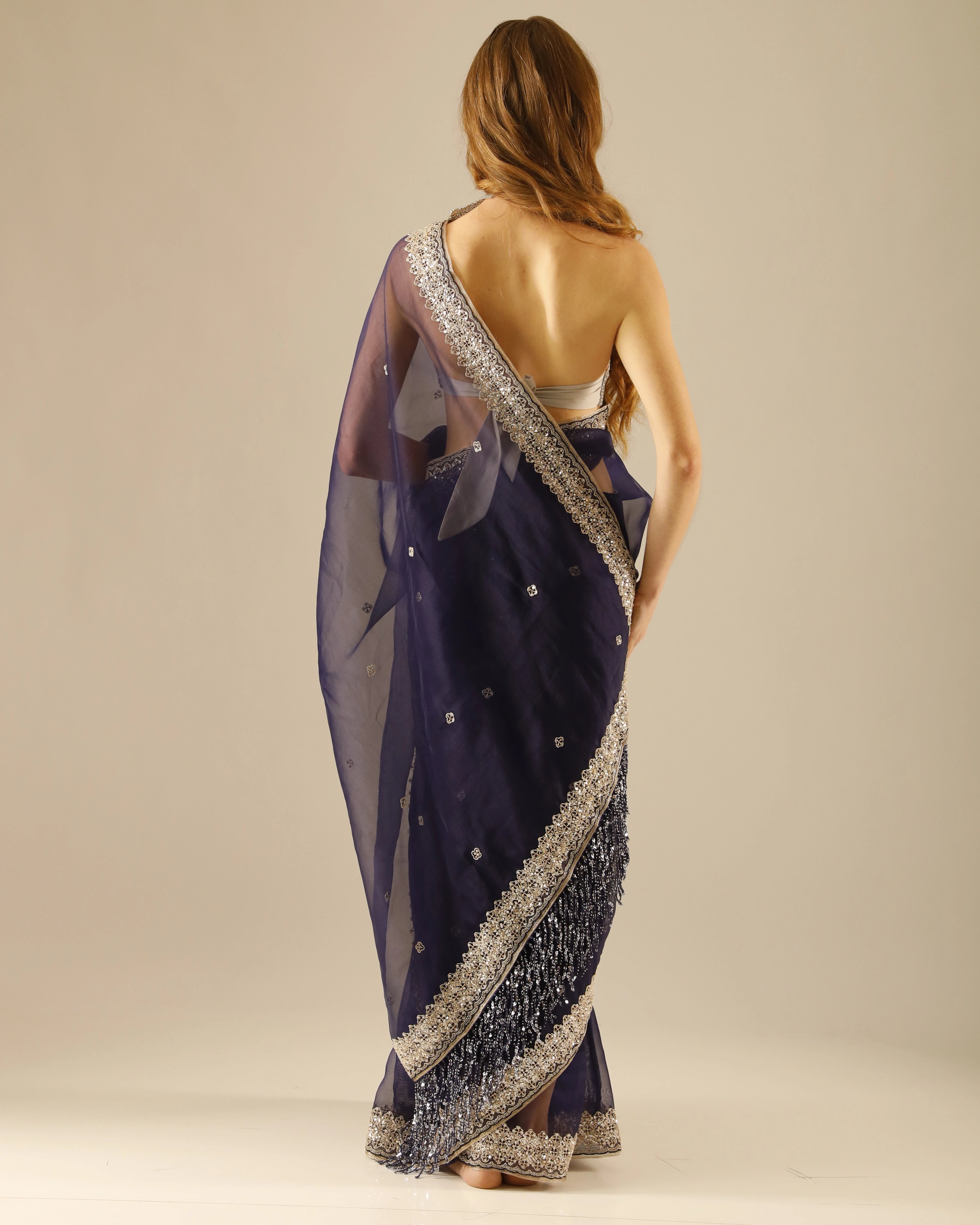 Navy Blue Georgette Hand-Embroidered with All-Over Chita Work