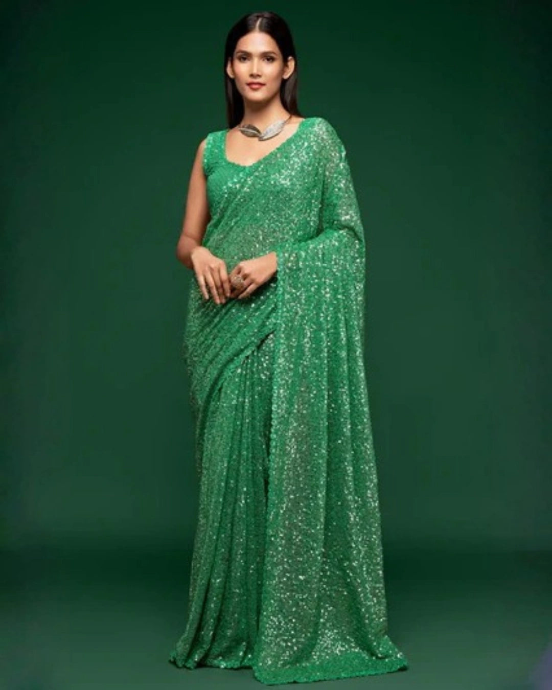 Green Georgette Saree with All Over Shimmer Sequin Work and Matching Sequin Blouse