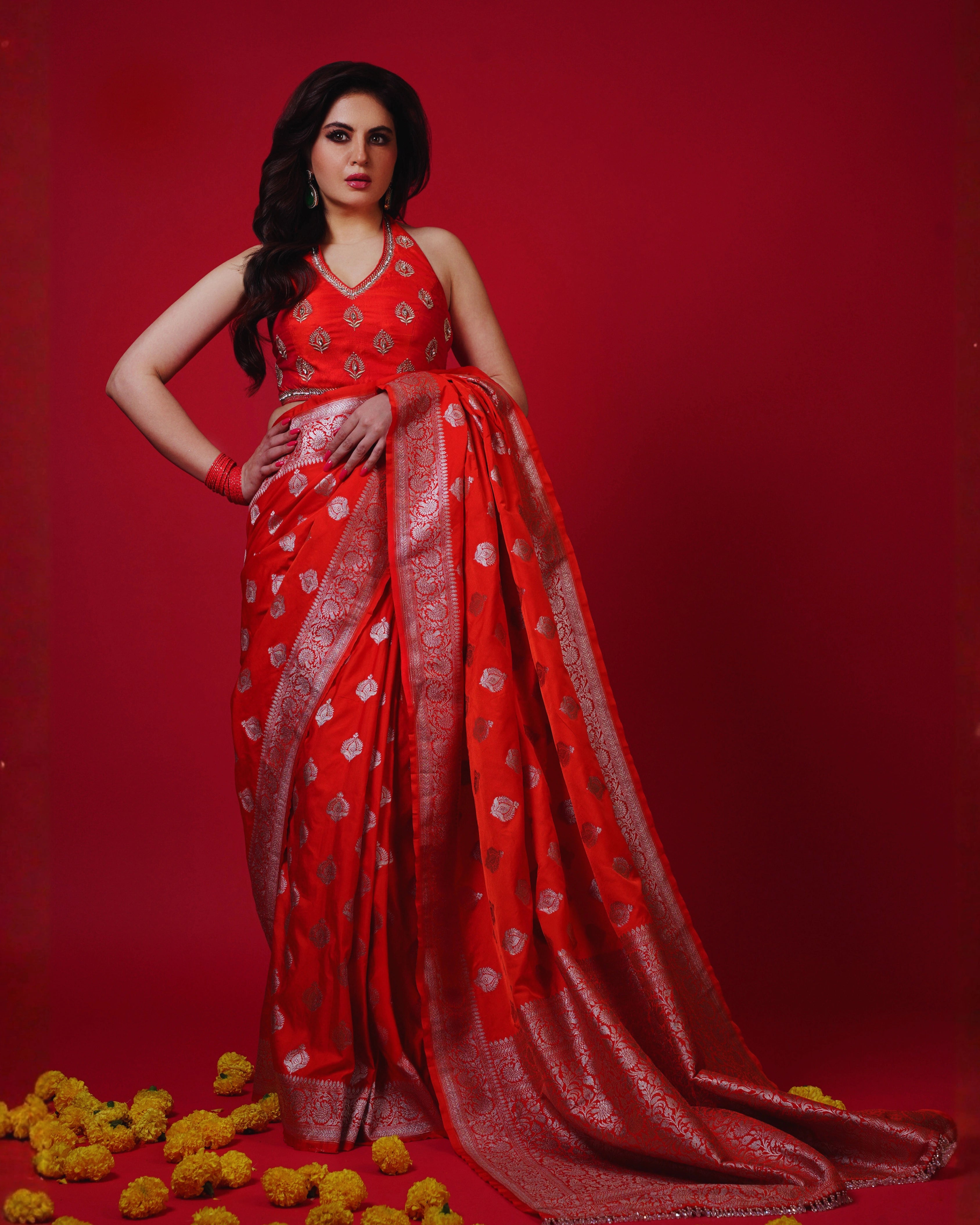 Orange Pure Banarasi Silk Saree with Silver Zari Weaving and Matching Blouse