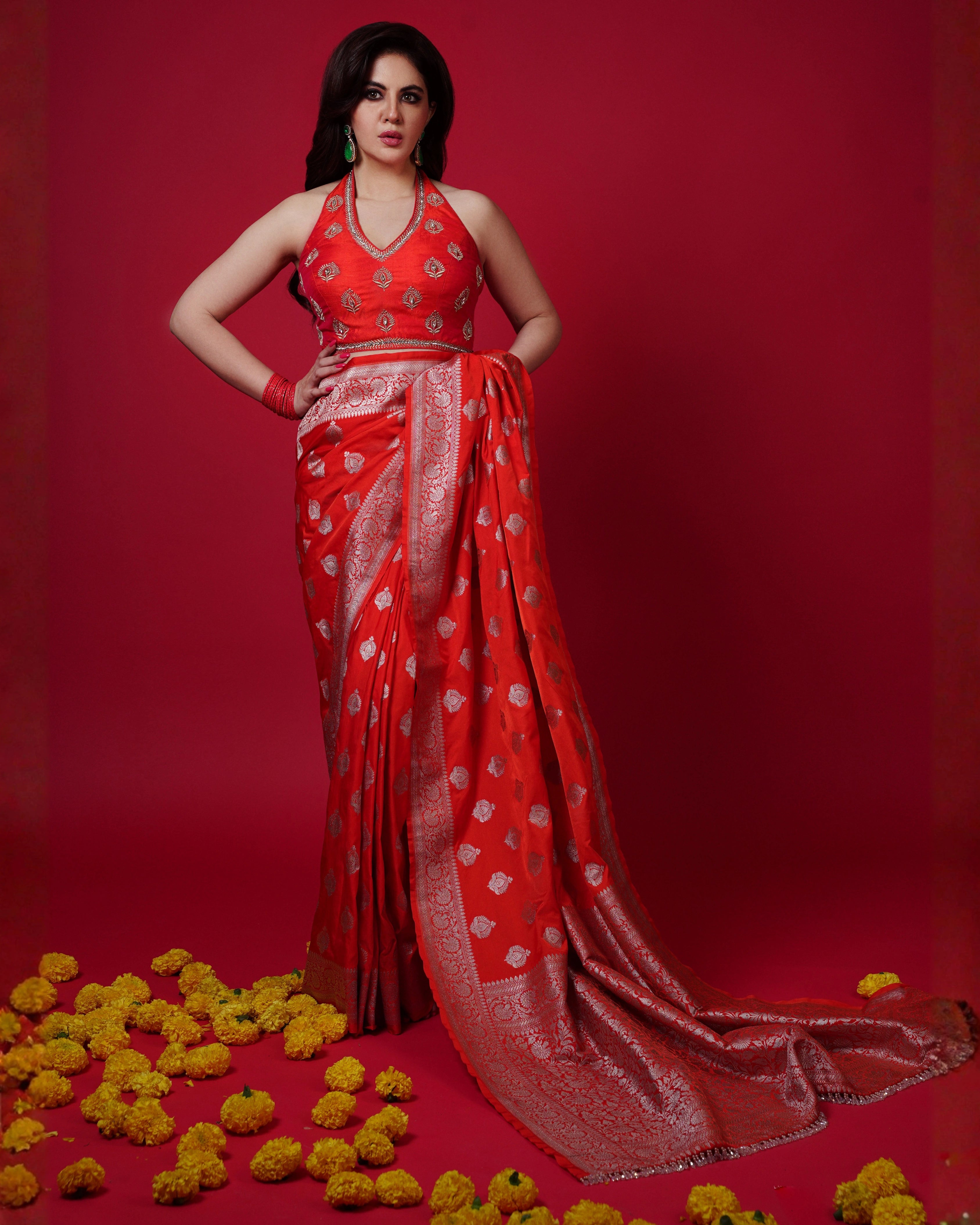 Orange Pure Banarasi Silk Saree with Silver Zari Weaving and Matching Blouse