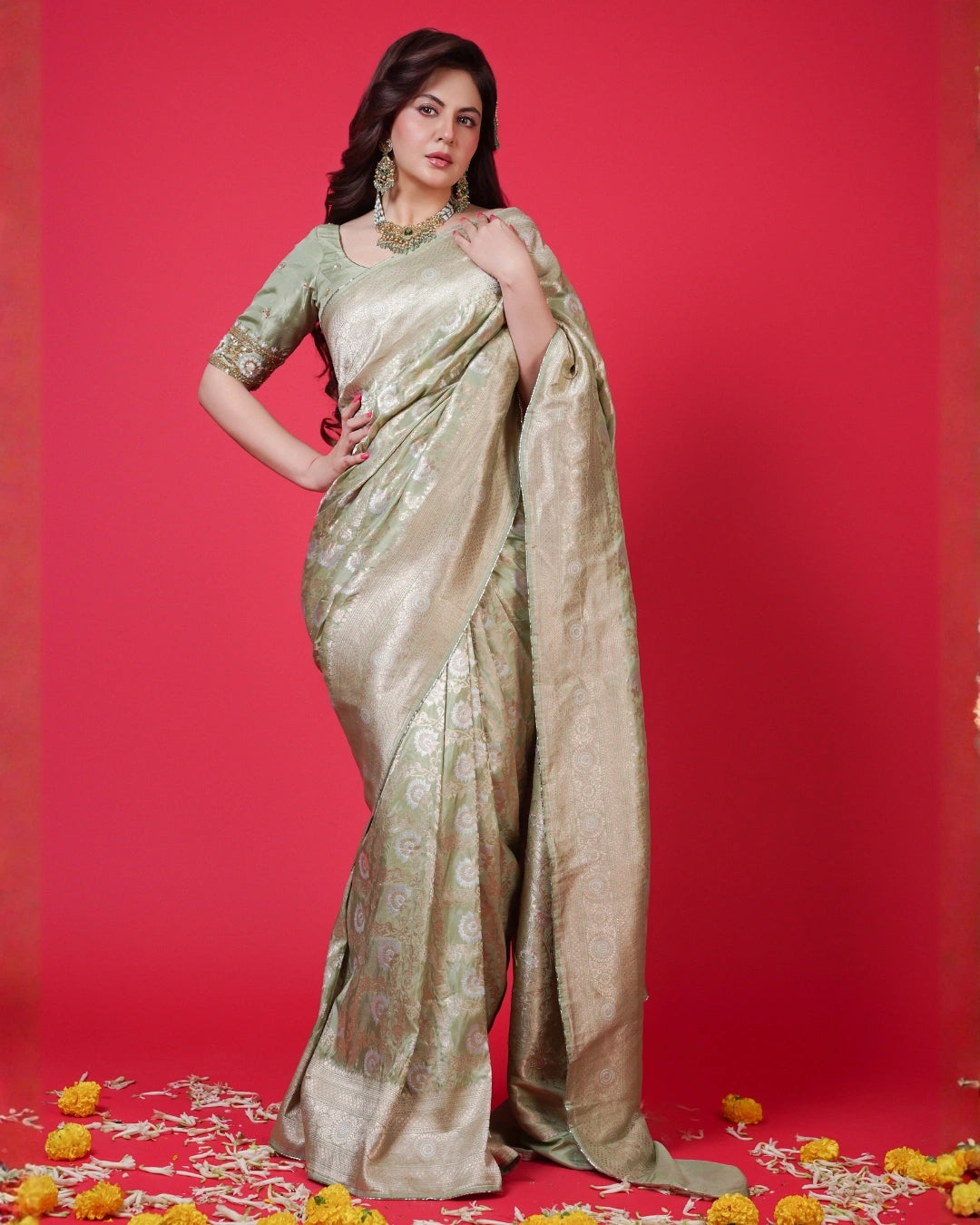 Light Green Pure Banarasi Silk Saree with Gold Floral Design and Matching Blouse.