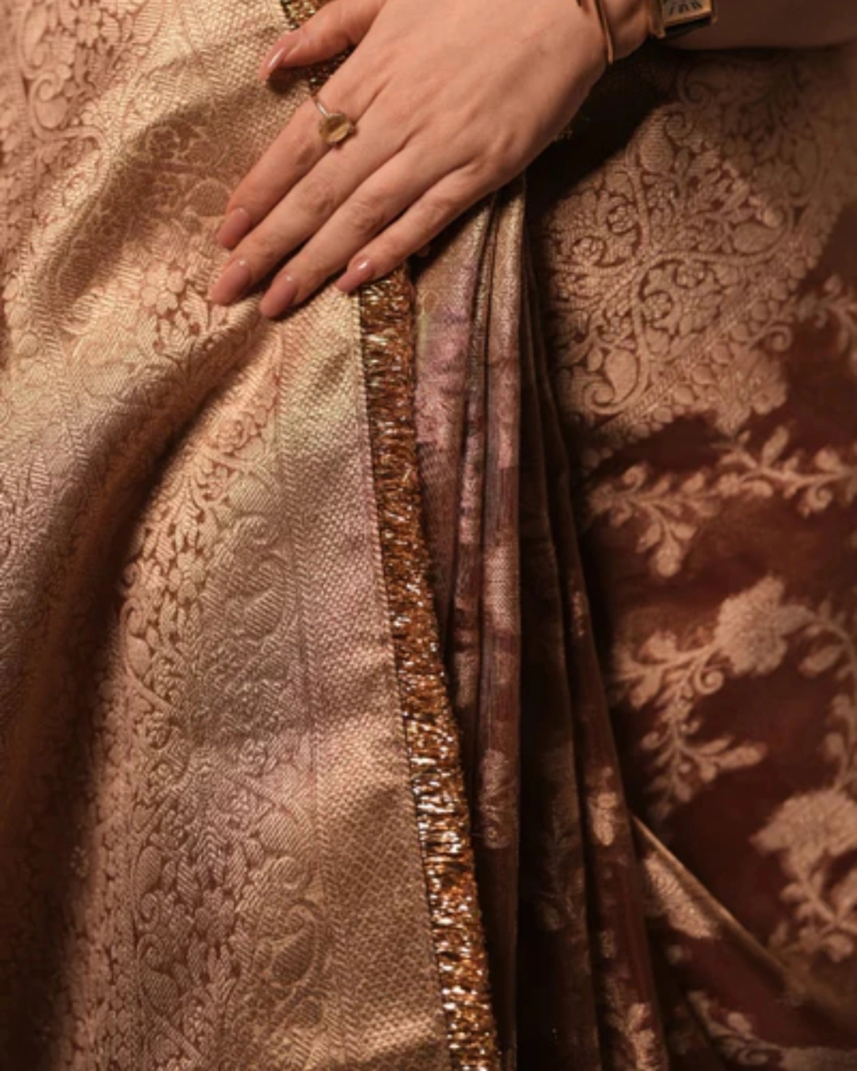 Orange Banarasi Silk Saree with Pure Gold Zari Floral Weaving and Matching Checked Blouse