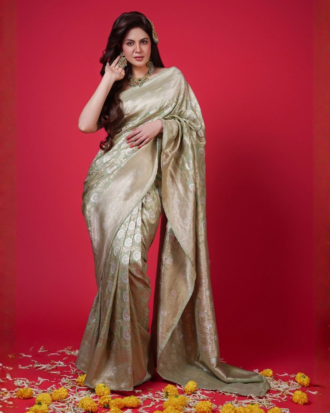 Light Green Pure Banarasi Silk Saree with Gold Floral Design and Matching Blouse.