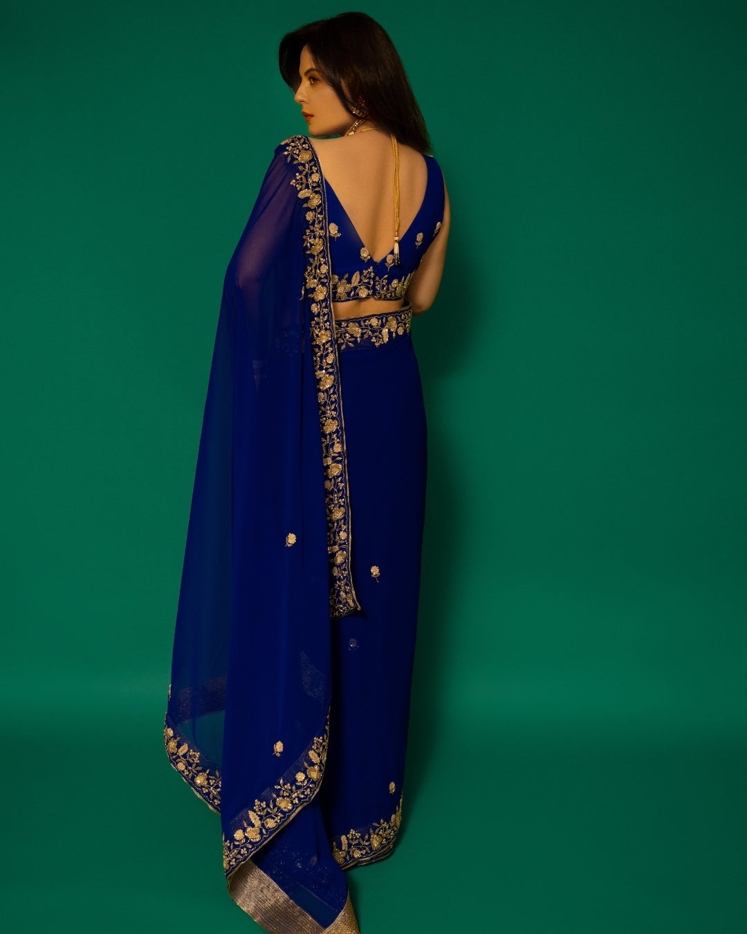 Royal Blue Hand Embroidered Georgette Saree and Matching Floral Embroidered Blouse
