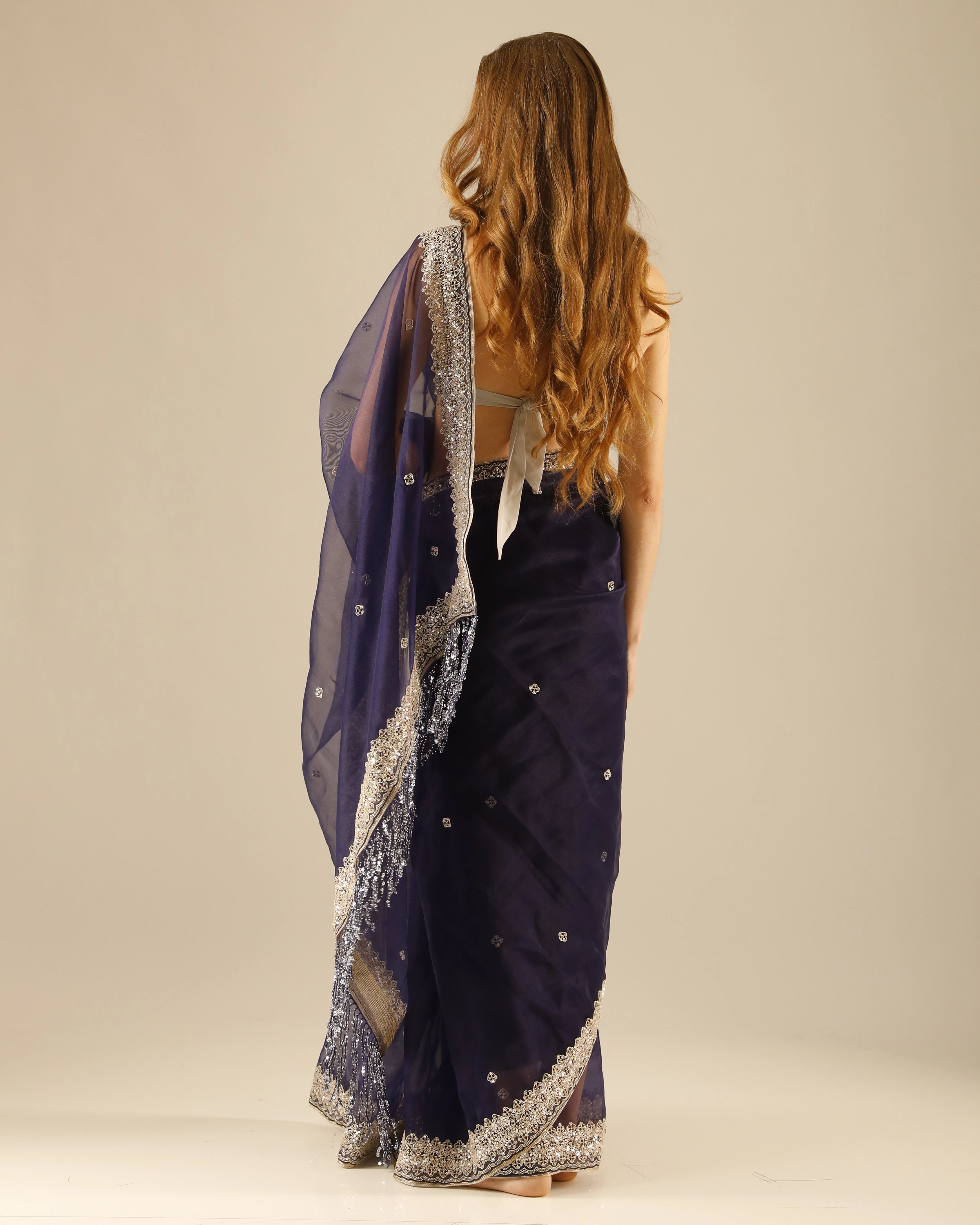 Navy Blue Georgette Hand-Embroidered with All-Over Chita Work