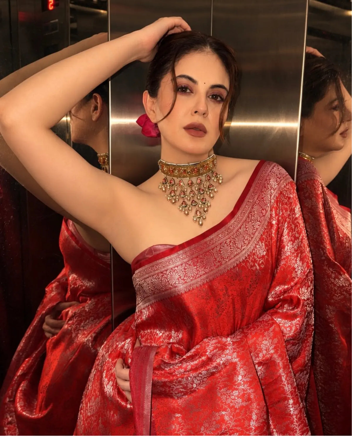 Red Banarasi Silk Saree With All Over Flower Work and Matching Blouse