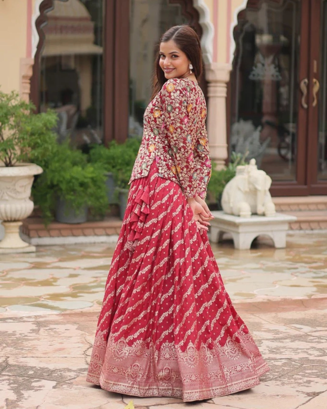 Red Georgette Lehenga with Heavy Thread Embroidery and Floral Design