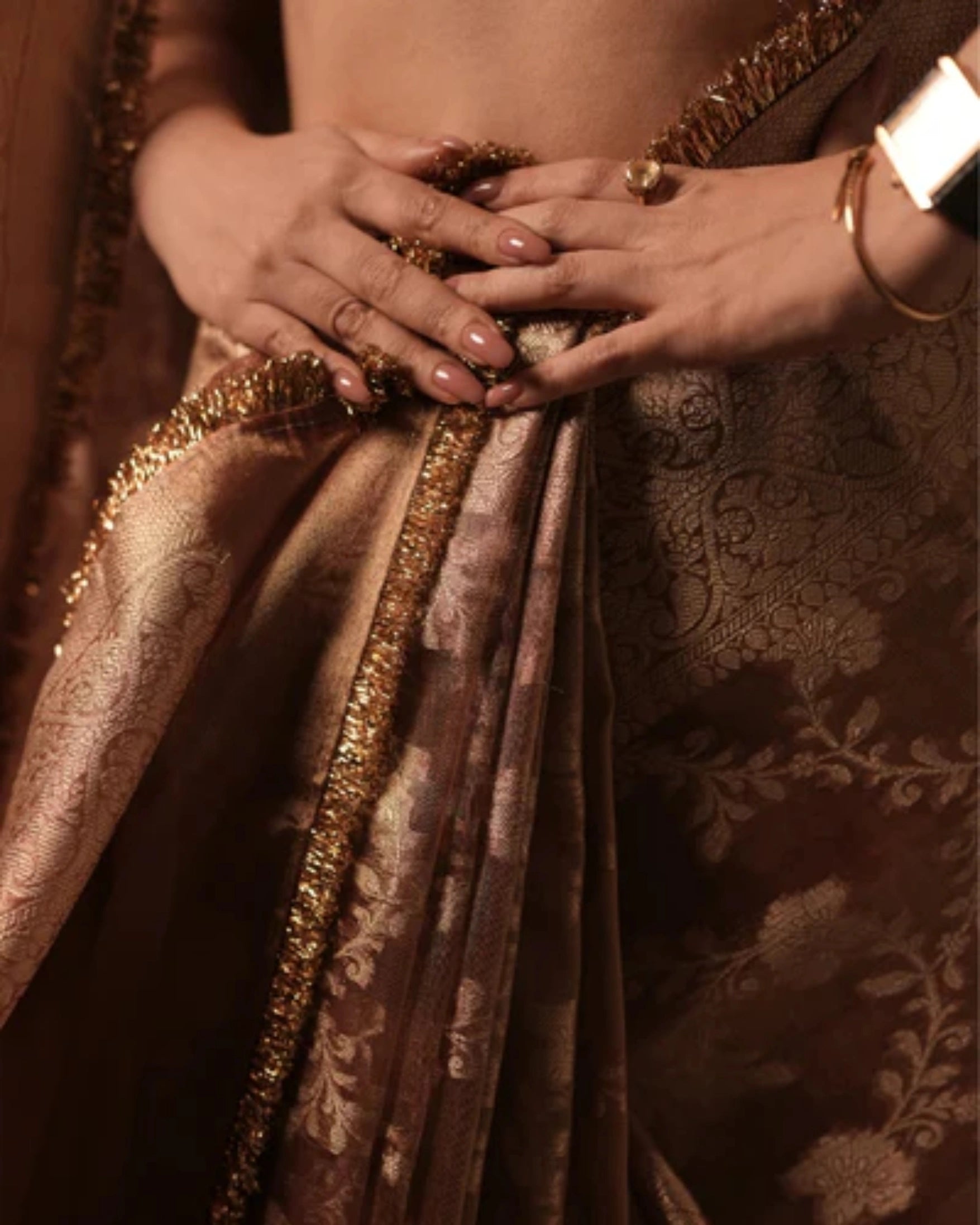 Orange Banarasi Silk Saree with Pure Gold Zari Floral Weaving and Matching Checked Blouse